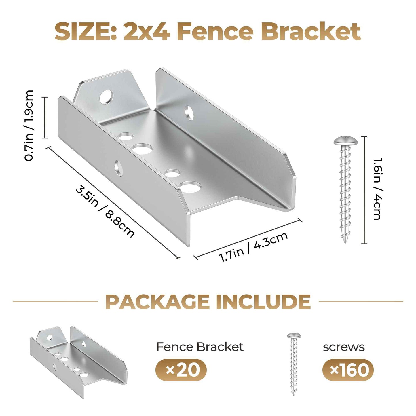 20 Pcs 2x4 Fence Brackets for Wood,Fence Post Bracket,2x4 Brackets for Woods Rail,Deck Bracket Connectors for 2"×4" (Actually 1.5"x3.5") Wood Post with 160pcs Screws