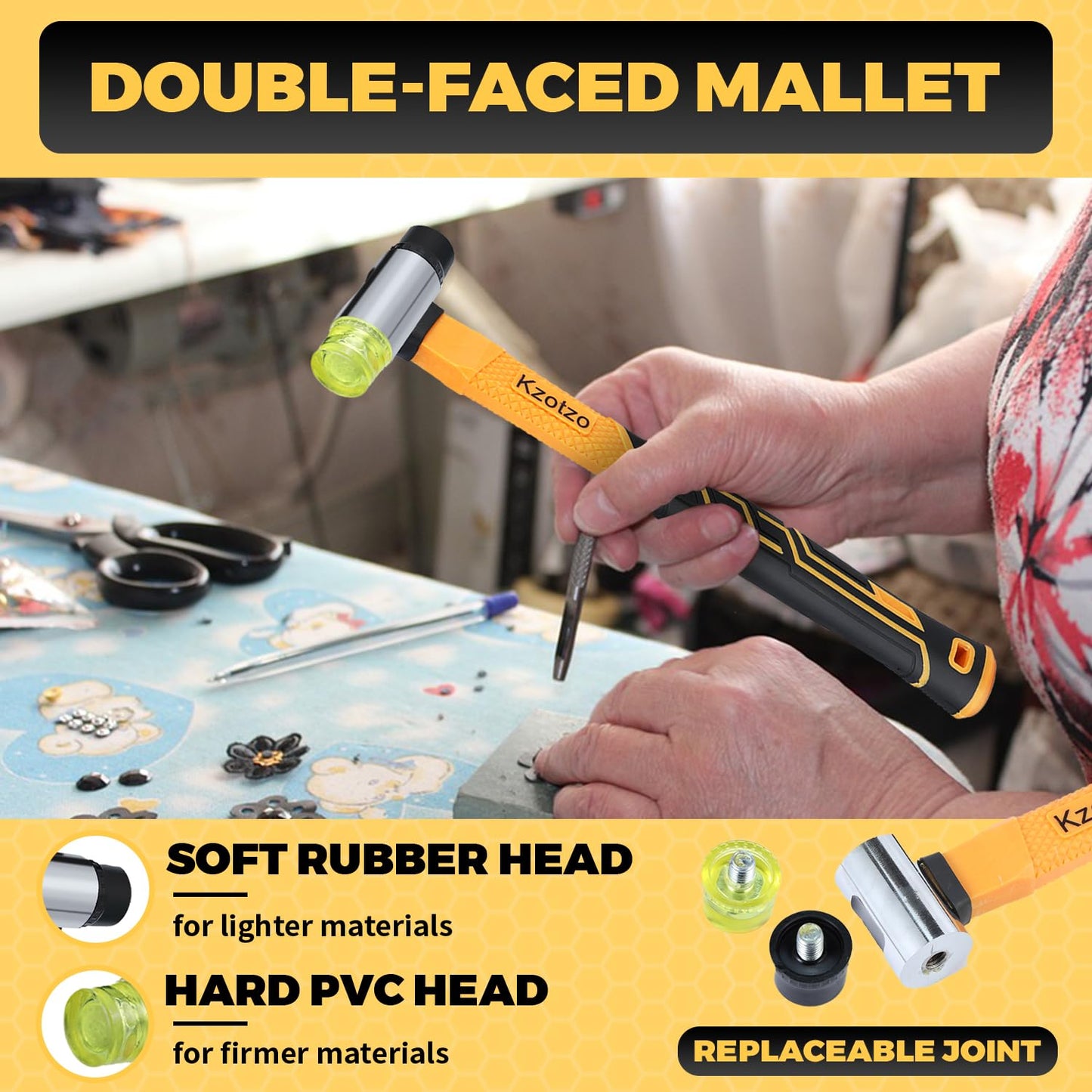 2-Piece Rubber Mallet Hammer Set, 8oz Rubber Hammer Mallet & 25mm Double-Faced Soft Mallet, Shockproof Fiberglass Handle with Cushion Grip, Damage-Free to Floor, Tile, Crafts