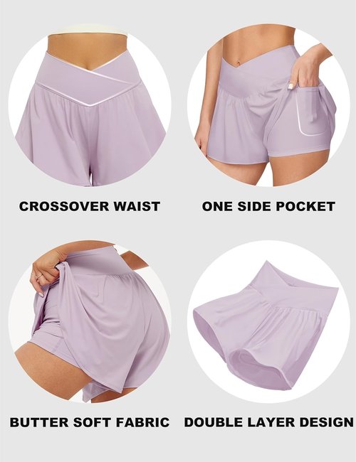 FireSwan Women's Crossover Athletic Shorts - 2 in 1 Flowy Running Shorts with Pockets | Spandex Butterfly Design