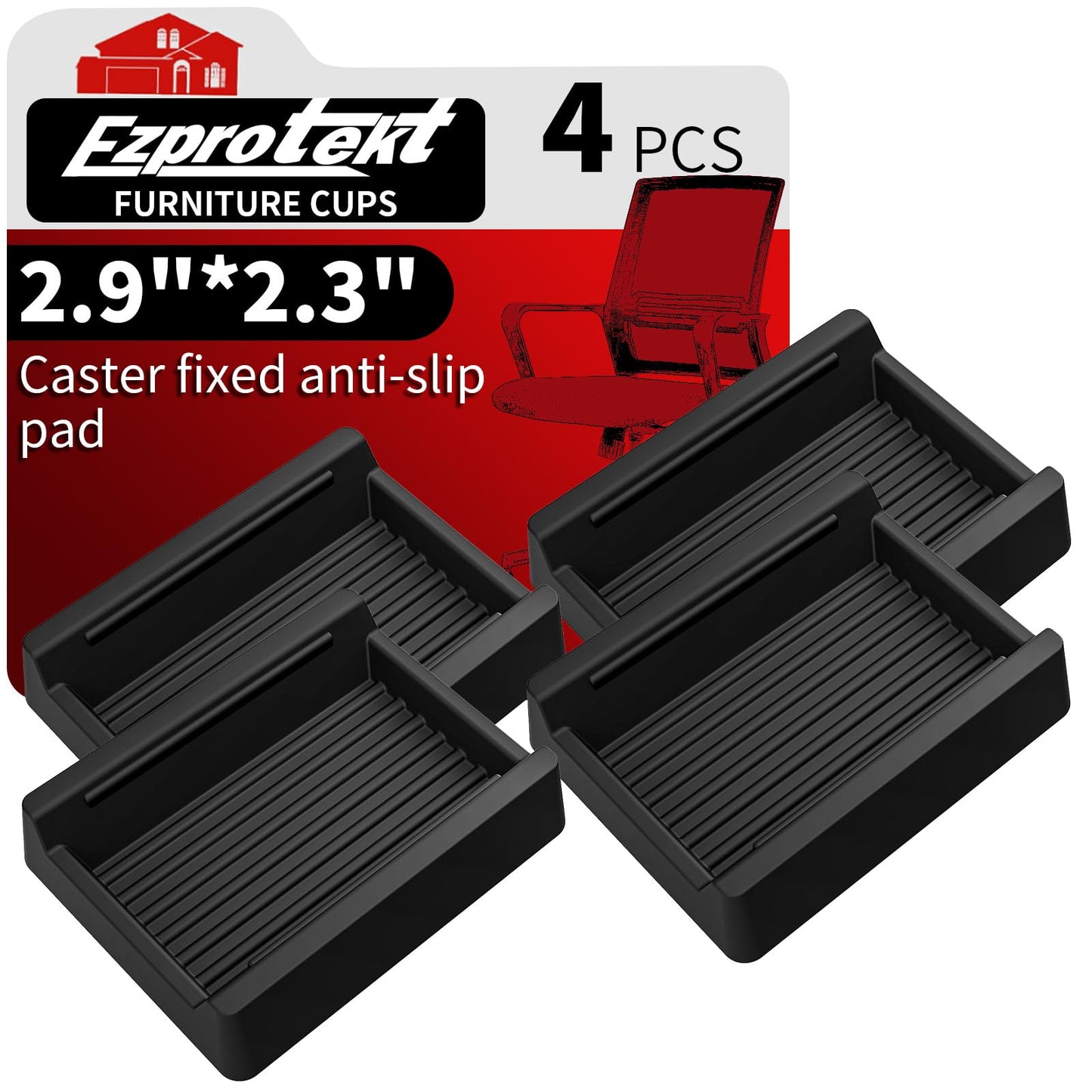 Ezprotekt 4 Pcs Non Slip Rectangle Furniture Caster Cups, 2.9" x 2.3" Silicone Non Skid Furniture Pads Coasters for Hardwoods Floors, Bed Couch Wheel Stoppers to Prevent Sliding (Black)