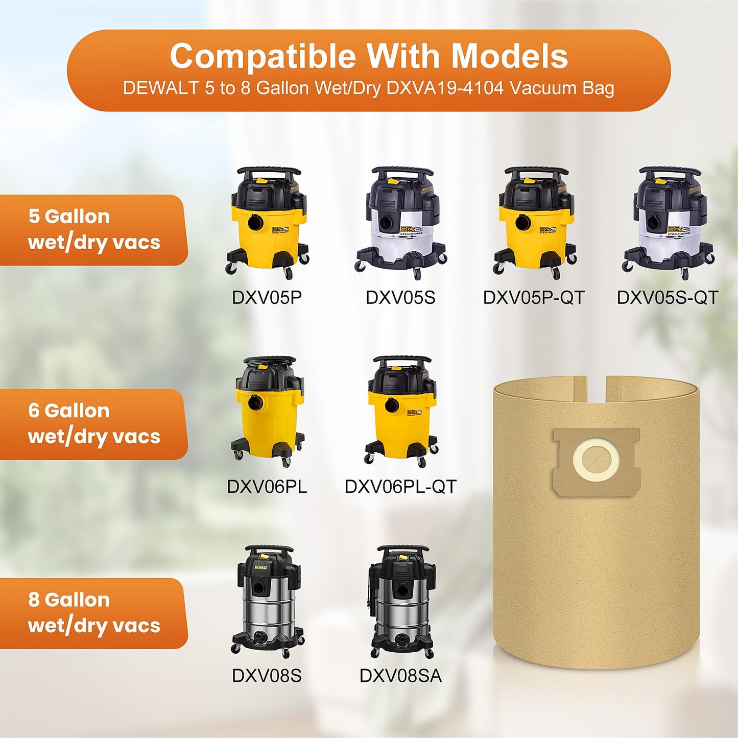 10 Pack DXVA19-4104 Vacuum Bags for DEWALT 5 to 8 Gallon Wet/Dry Vacuum, Disposable Workshop Large Capacity Replacement Dust Bag