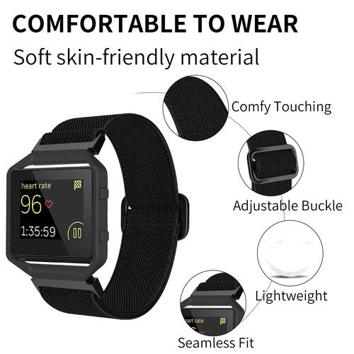 ESeekGo Elastic Bands Compatible for Fitbit Blaze for Men Women, Nylon Adjustable Stretchy Loop Braided Straps with Metal Frame Compatible for Fitbit Blaze Bands for Women Men, Black
