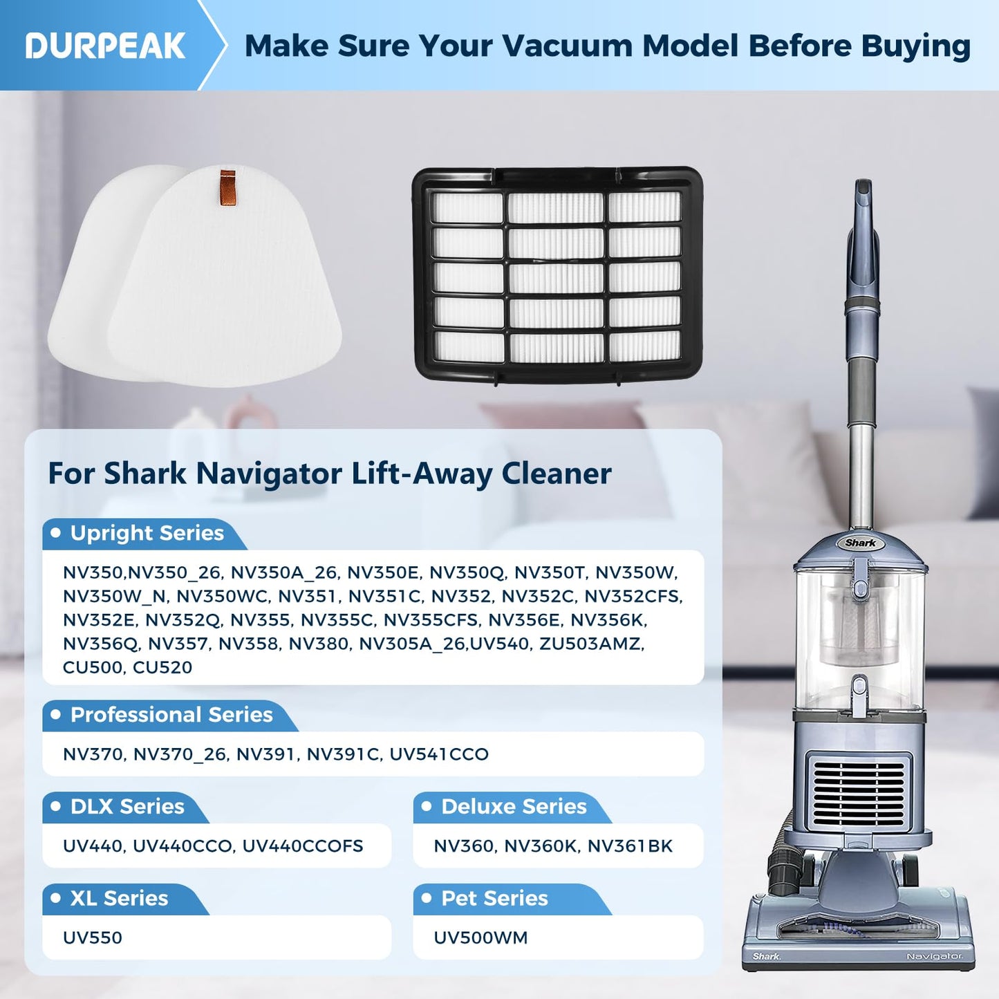 Vacuum Filter Replacement for Shark Navigator Lift-Away Vacuum NV350, NV351, NV352, NV355, NV360, NV370, UV440, UV490, UV540 vacuum, 1 HEPA, 3 Foam Filters & 3 Felt Filters - Replacement XFF350 XHF350