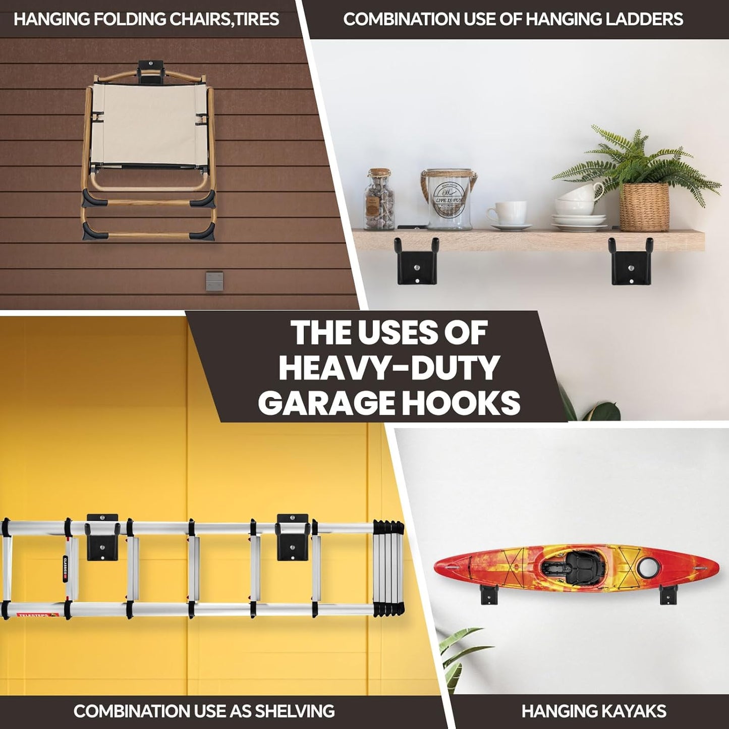 Heavy Duty Garage Hooks 4-Pack - 14" Steel Wall Mount Hangers for Tools, Tires & Ladders