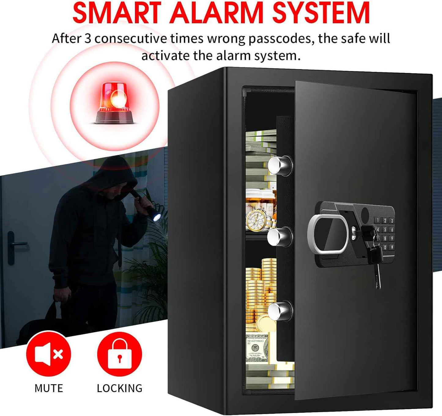 Small Home Safe 1.2 Cubic Feet - Anti-Theft Steel Security Box with Combination Lock & Alarm