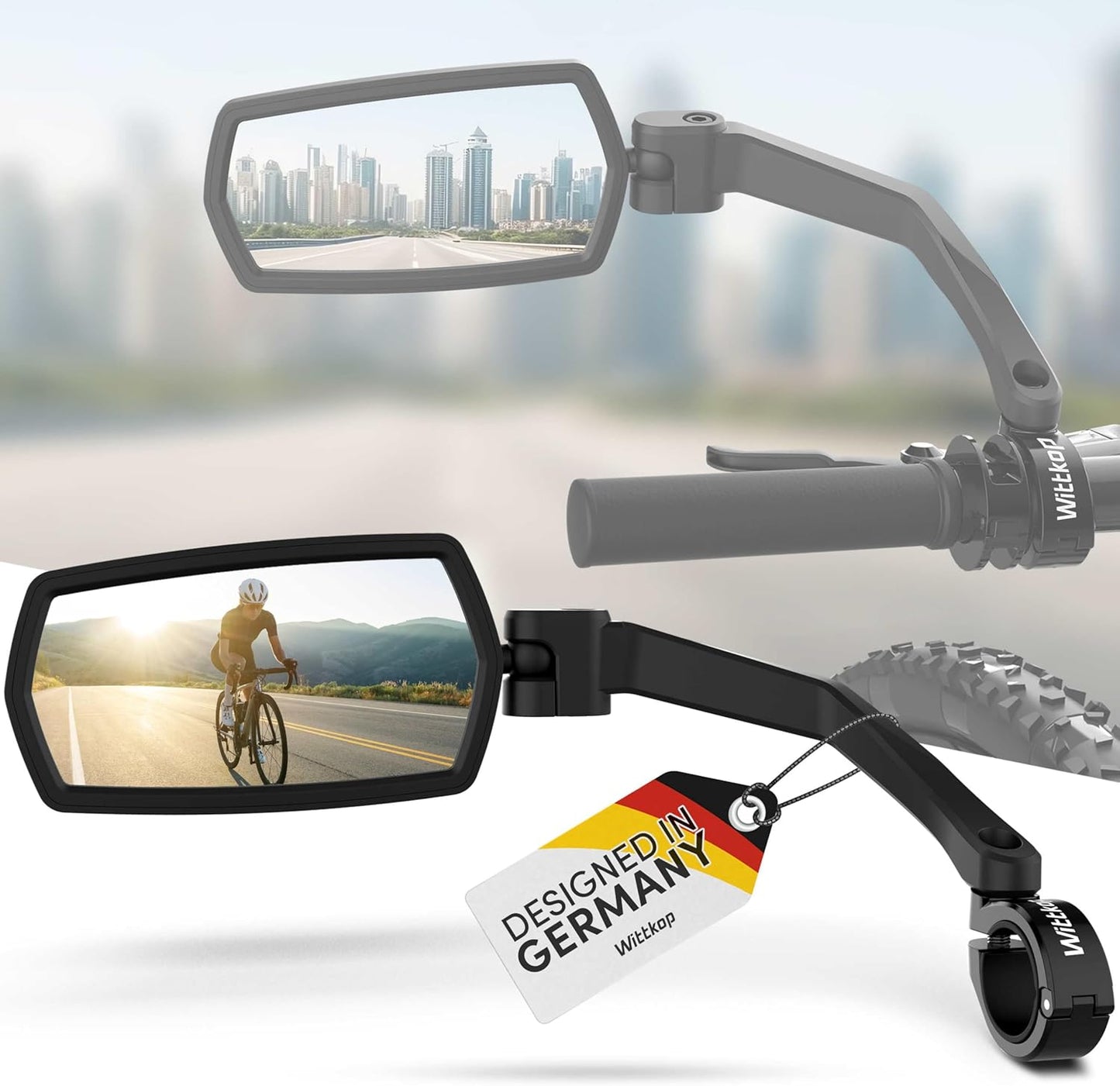 WITTKOP Bike Mirror - Large HD Field of Vision | 360° Rotatable & Foldable | Durable eBike Accessory