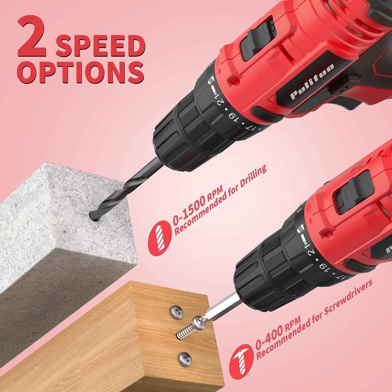 PULITUO'S 20V Cordless Drill/Driver, Electric Screwdriver - 2 Batteries, 30Nm, 21+1 Torque, 2 Speed, Keyless 3/8" Chase Drill with LED Light, Kit for Home (Green)