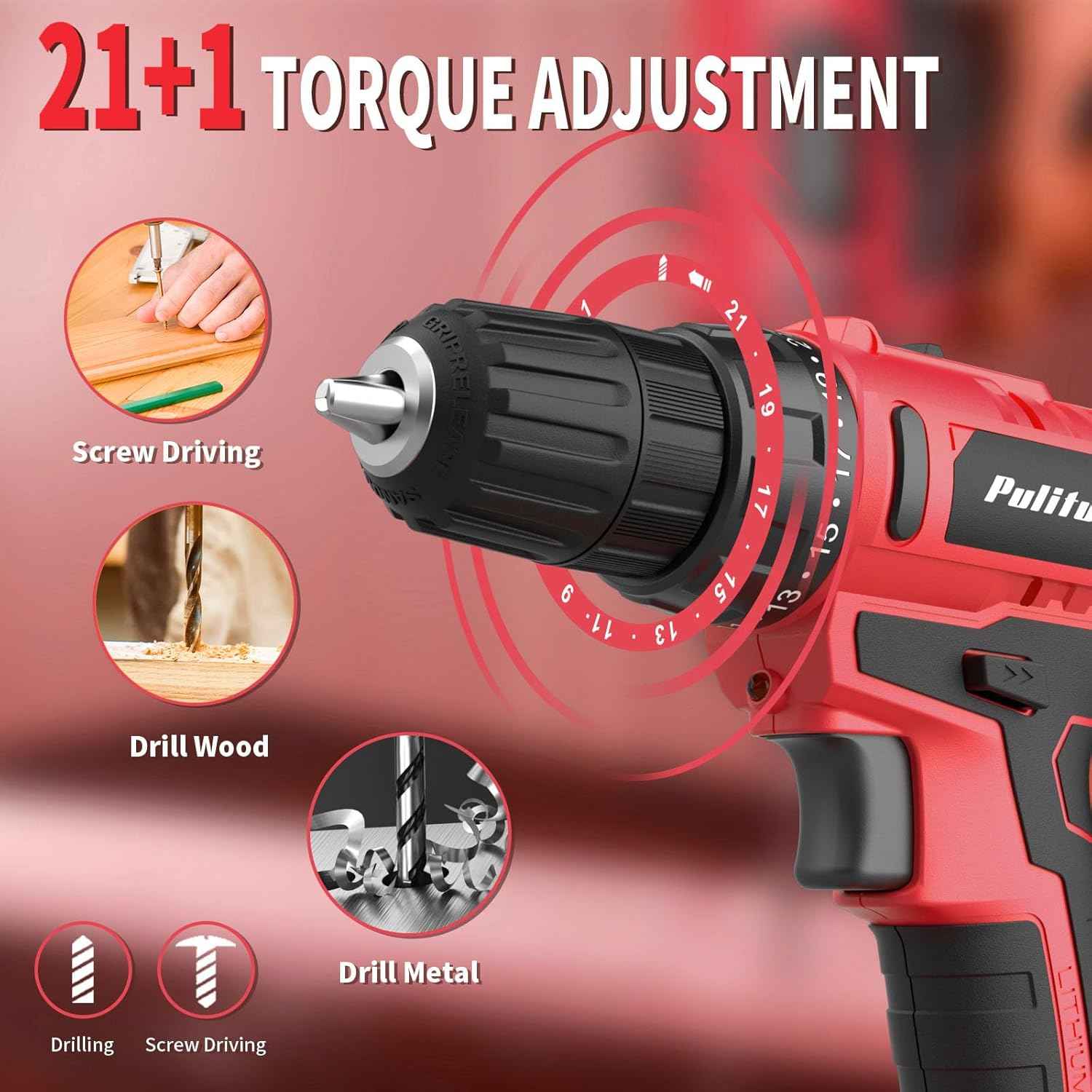 PULITUO'S 20V Cordless Drill/Driver, Electric Screwdriver - 2 Batteries, 30Nm, 21+1 Torque, 2 Speed, Keyless 3/8" Chase Drill with LED Light, Kit for Home (Green)