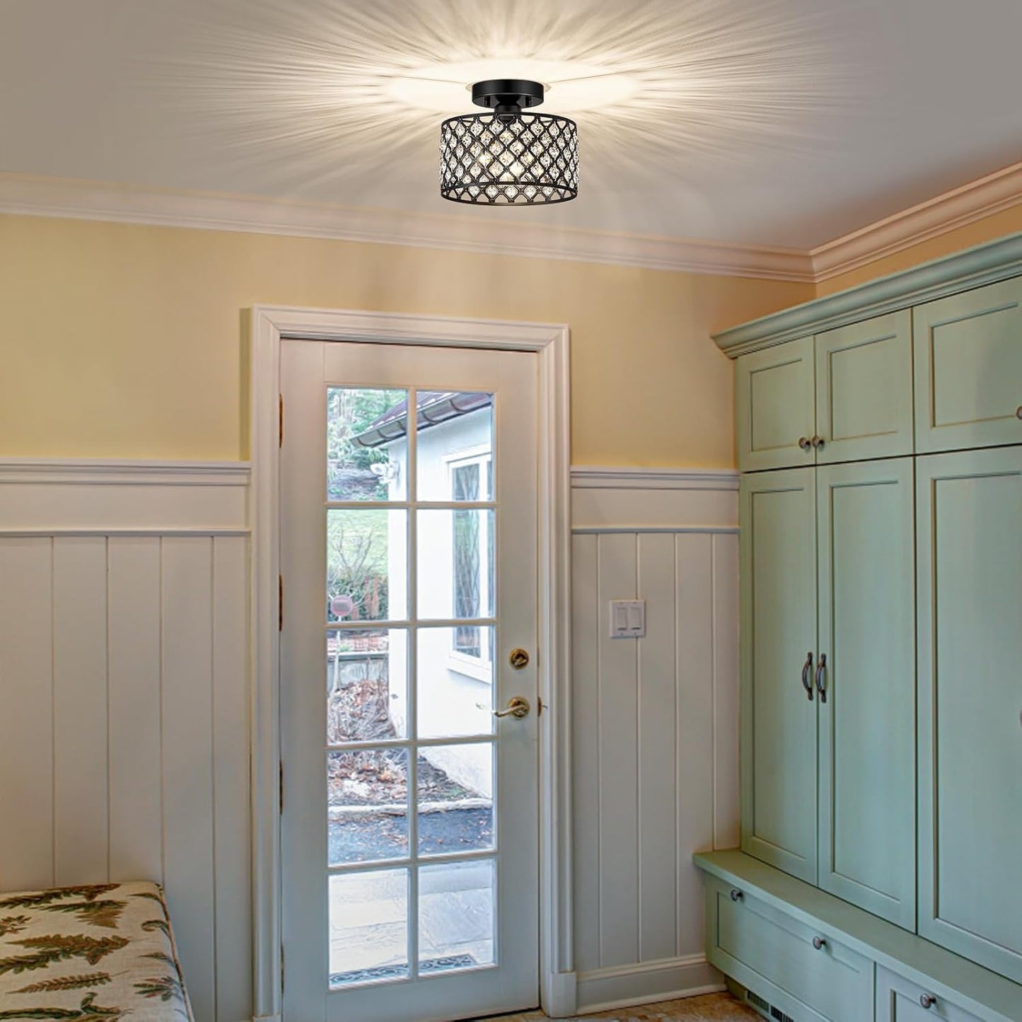 Modern Black Crystal Semi Flush Mount Ceiling Light Fixture - 11.2" Round Chandelier for Dining Room, Hallway, Kitchen & Bedroom