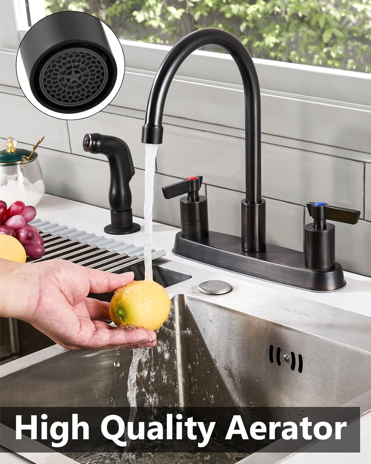 Brushed Nickel Kitchen Faucet with Sprayer - 2 Handle 8-Inch Centerset 3 Hole