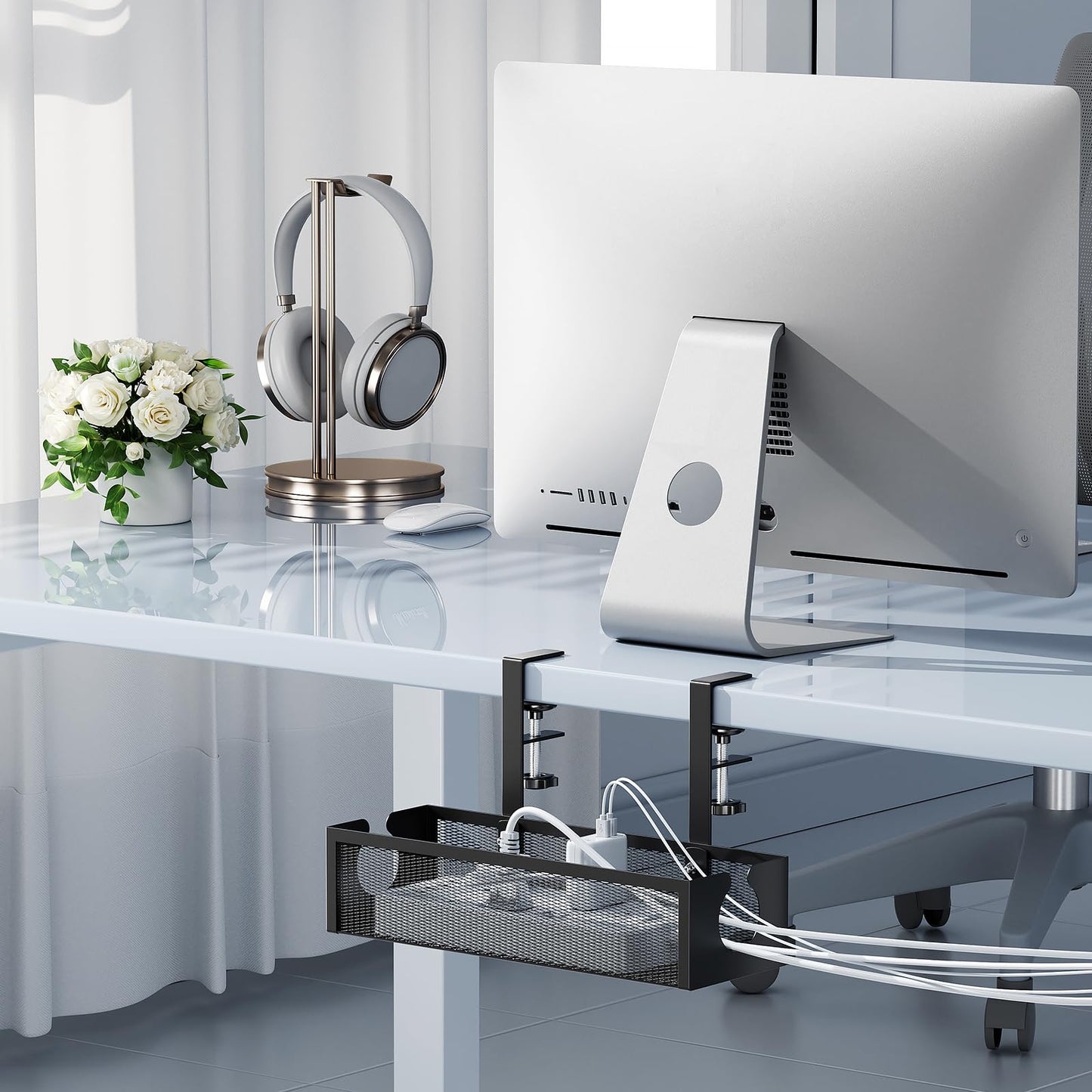 YECAYE No-Drill Metal Under Desk Cable Management Tray, Power Strip & Cable Organizer for Home Office,Under Desk Storage,Organizer Tray,Black