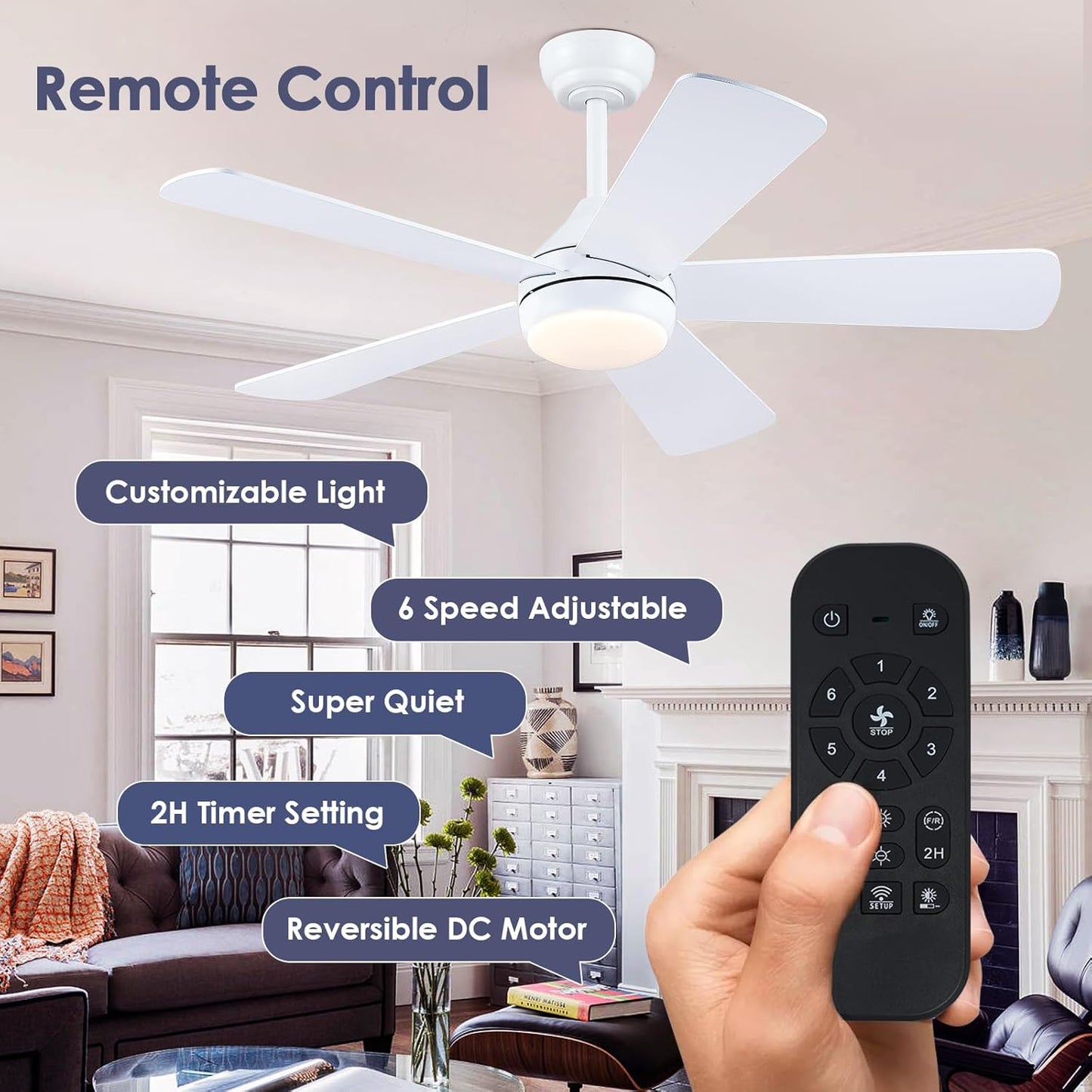 46” Black Low Profile Ceiling Fan with Lights & Remote Control - Dimmable, Noiseless, Reversible for Bedroom