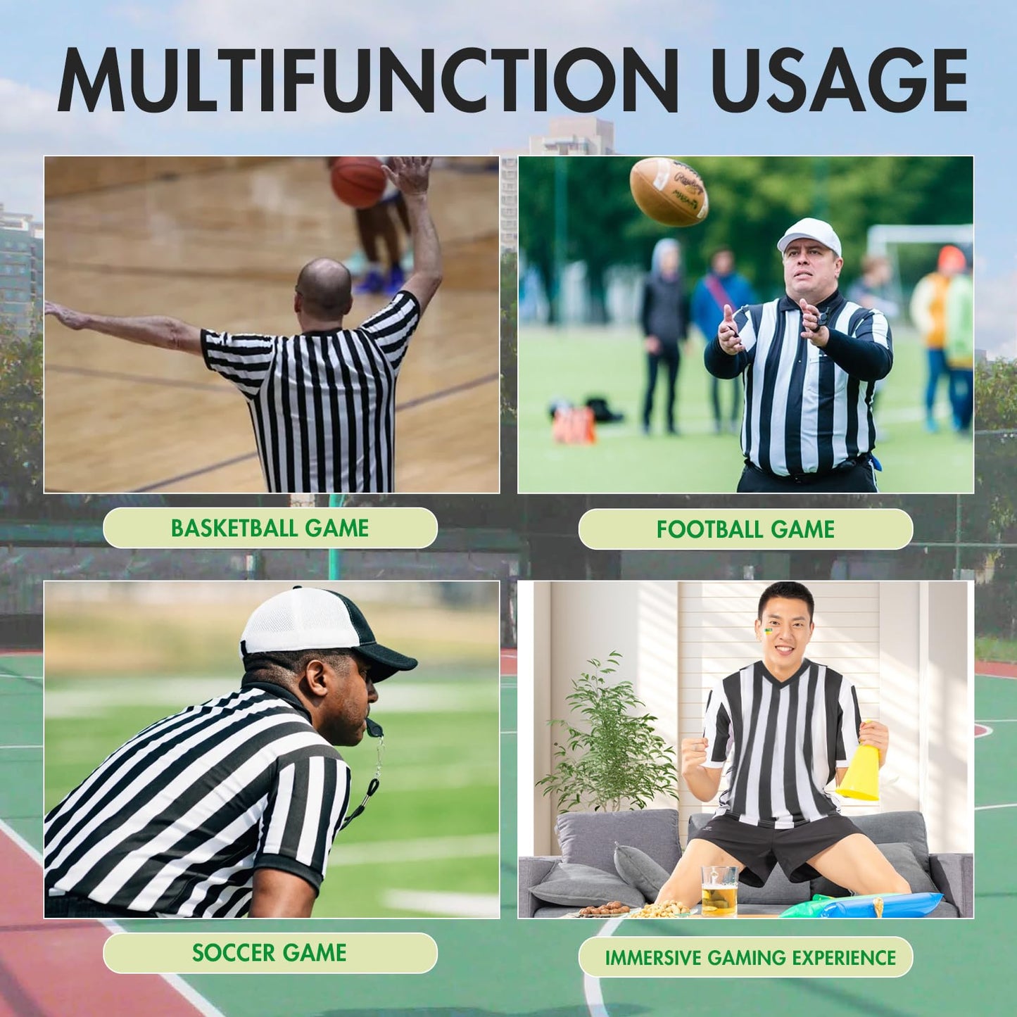4Pcs Referee Shirt Men Ref Jersey V-Neck Black and White Stripe Uniform Kit For Basketball Football Soccer Halloween Costume Yellow And Red Penalty Flag and Stainless Steel Whistle XL