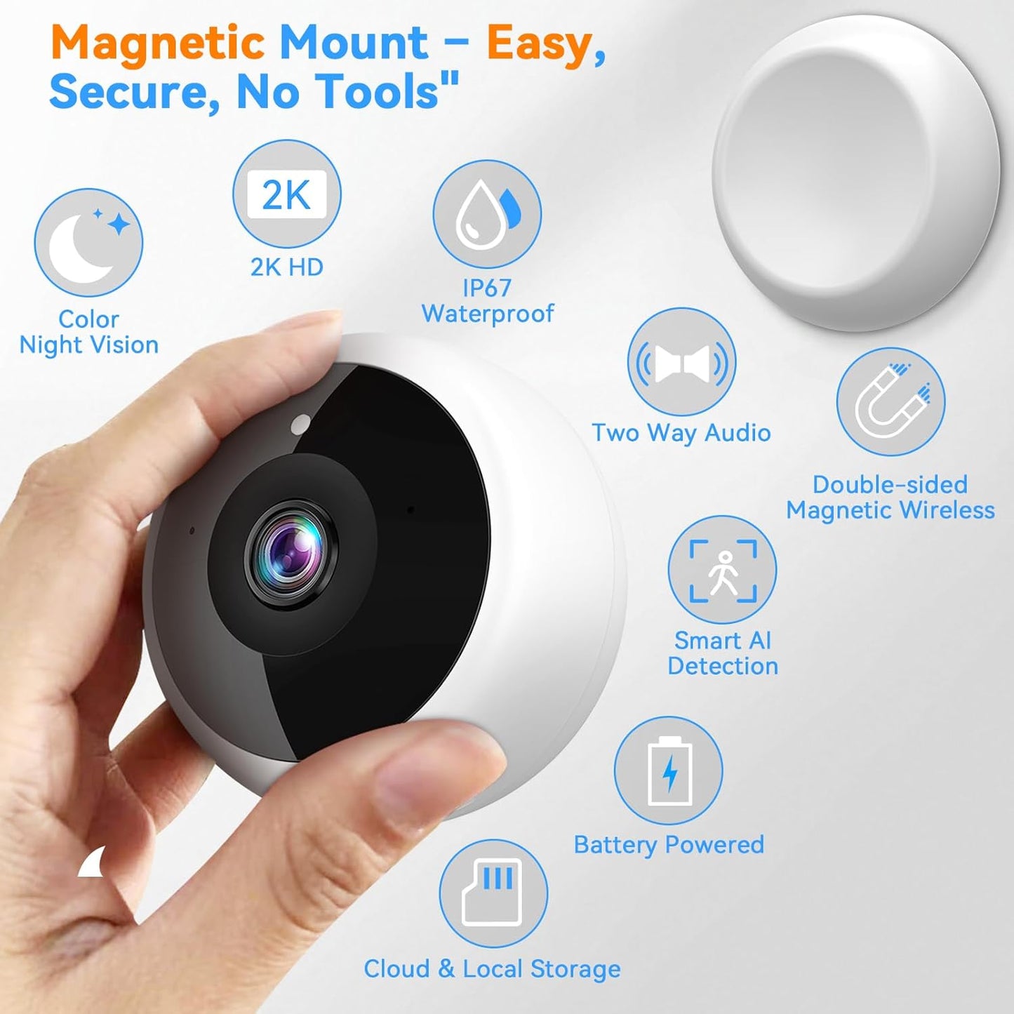 Wireless 2K HD Magnetic Security Camera - AI Motion Detection, 2-Way Audio, Night Vision