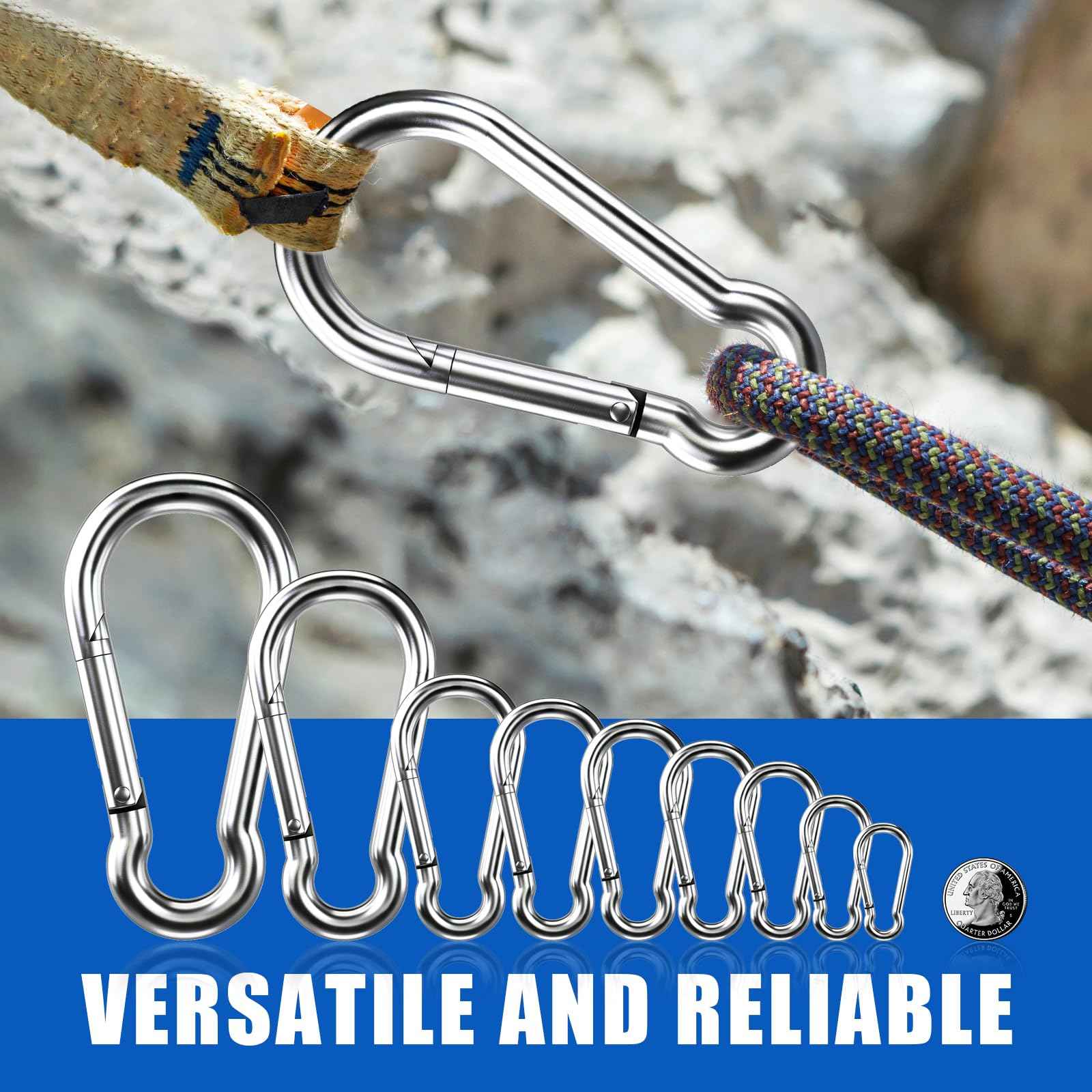 Small Carabiner Clip Hooks, 10pcs 2.75 inch Carabiners Heavy Duty, 304 Stainless Steel Spring Snap Hook Fits Camping Hiking, Metal Clips for Rope Chain Keys Rings