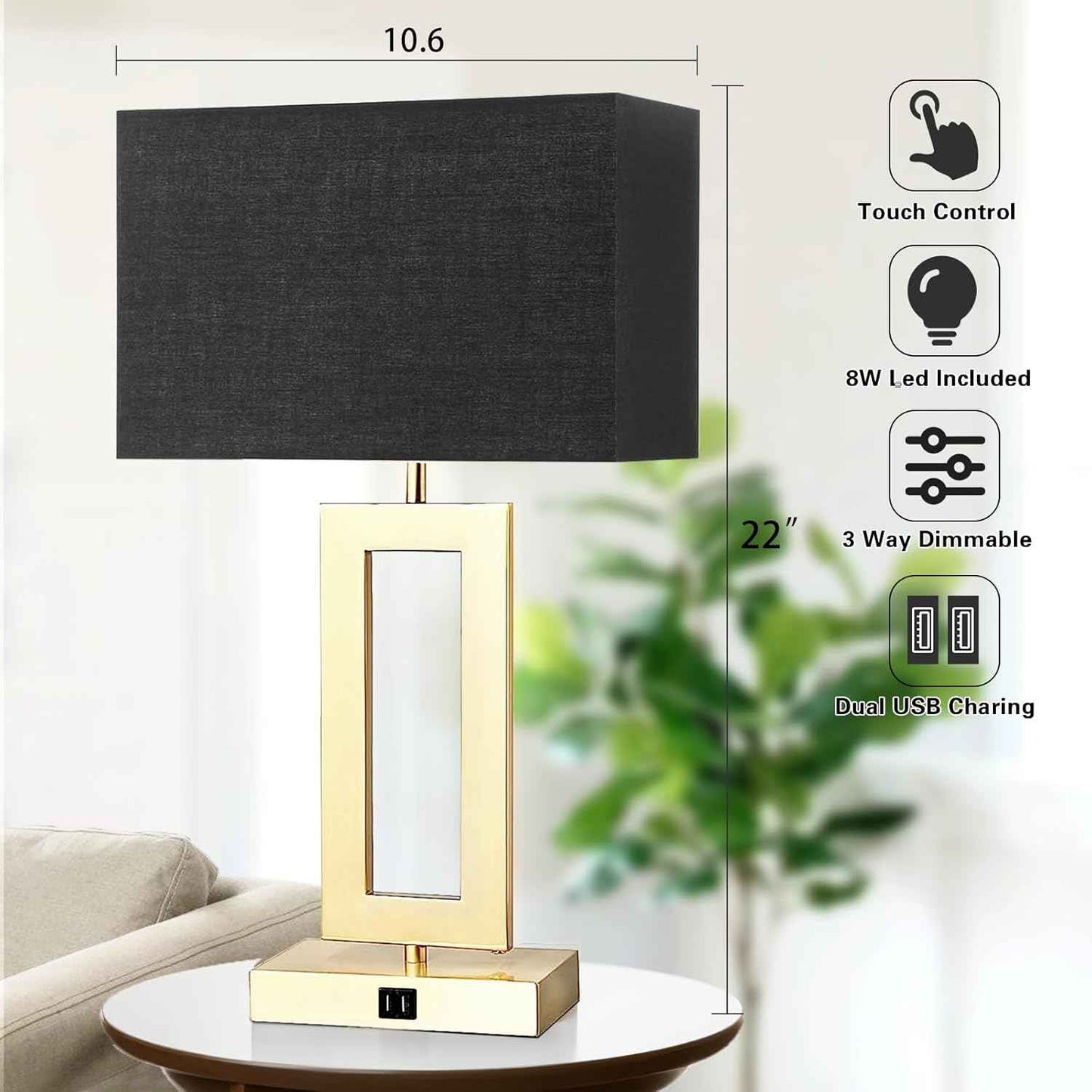 Gold Table Lamps Set of 2 - 3-Way Dimmable Touch Control with USB Ports, 22” Modern Design for Bedroom & Living Room