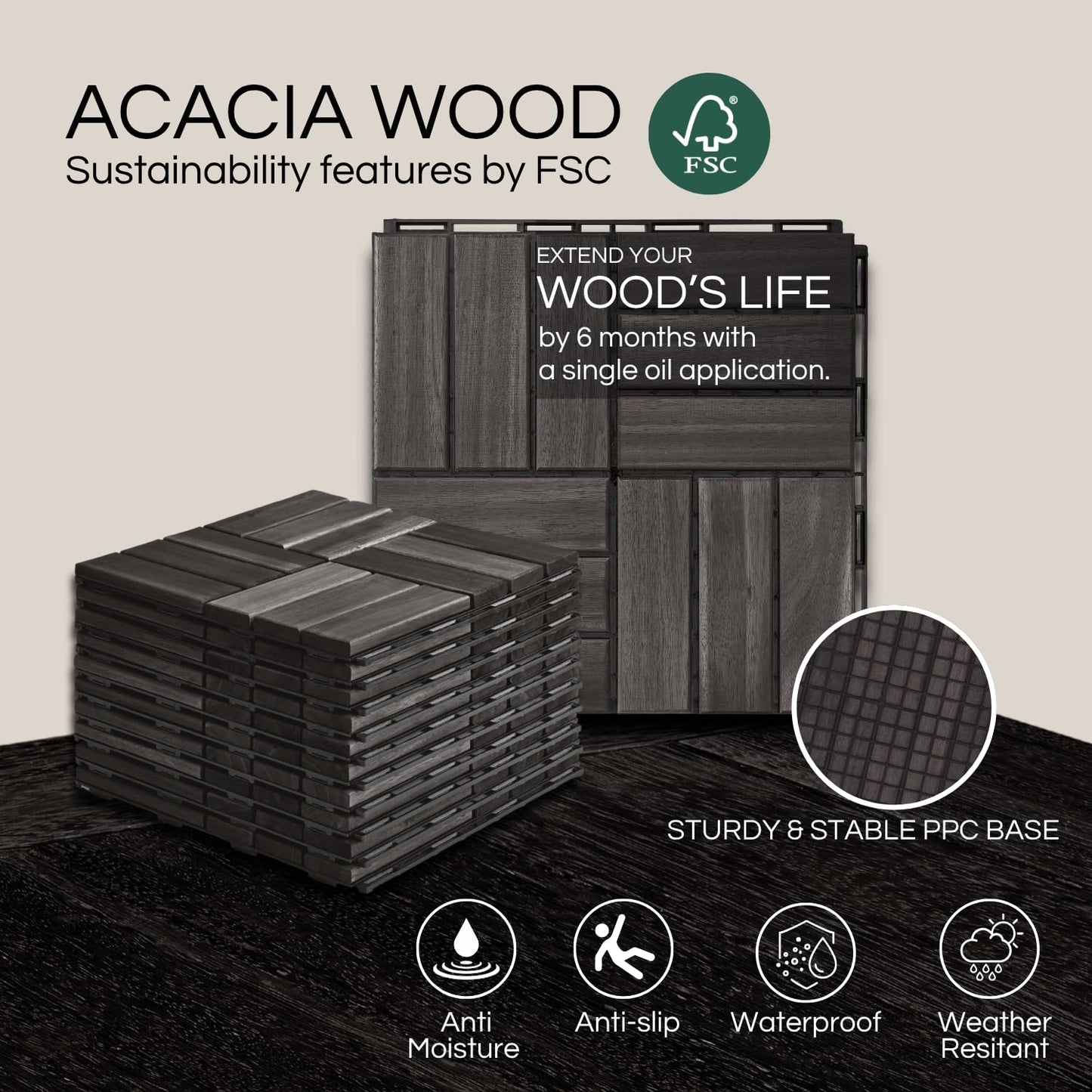 Outdoor Waterproof Acacia Wood Deck Tiles - 10 Pcs Patio Flooring for All Weather Use