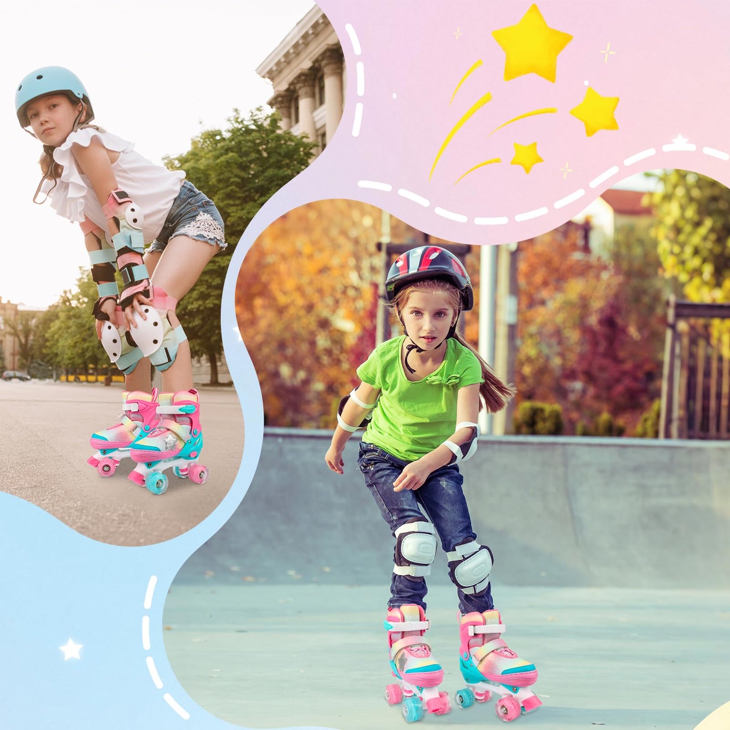 HALOSK Girls Roller Skates for Kids Boys, Adjustable Double Row Quad Skate with Light-Up Wheels, Gradient Star Design for Beginners Ages 3–12