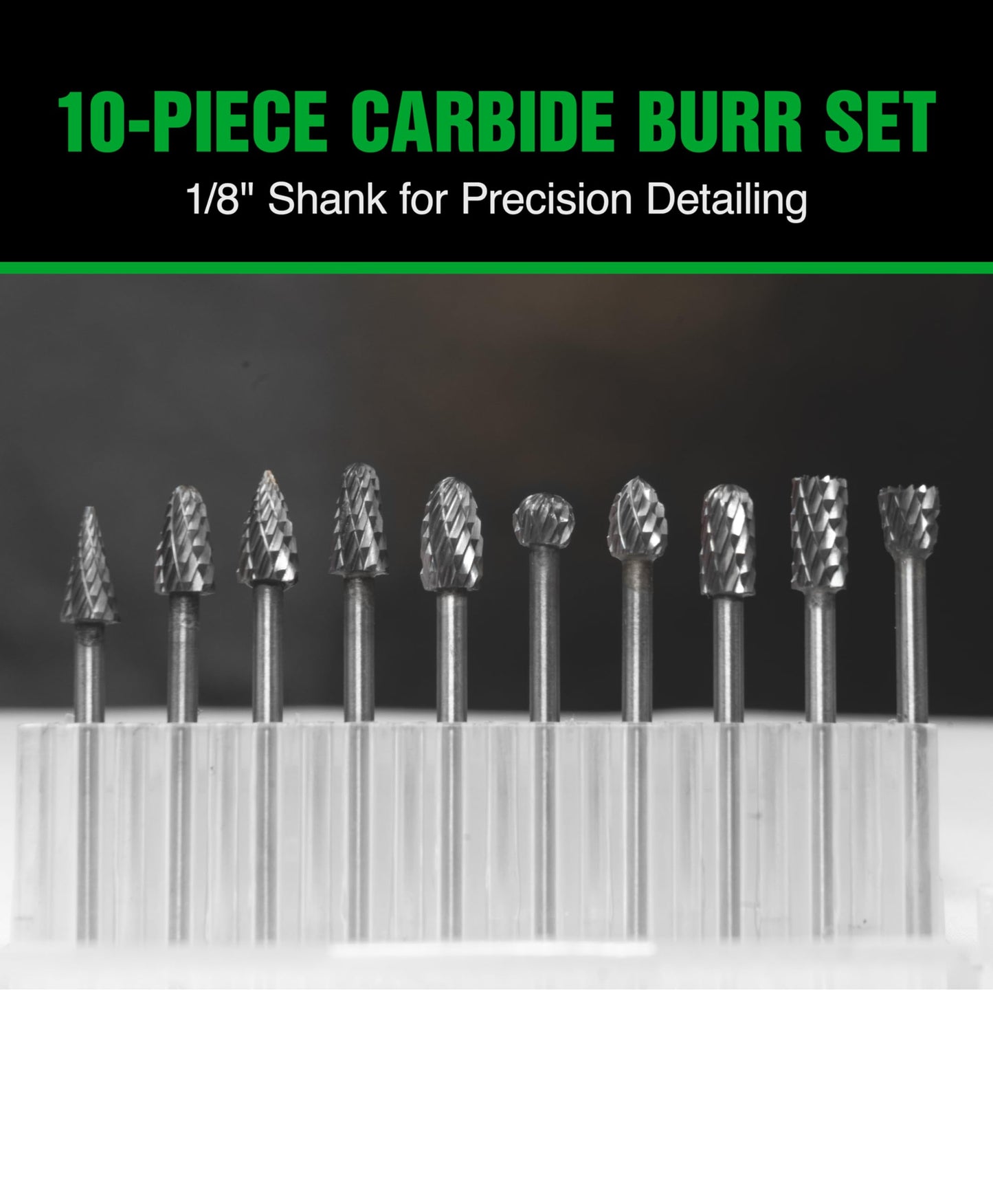1/8" Carbide Burr Set – 10 Pcs Double Cut Die Grinder Bits for Milling, Carving, Engraving, Drilling Wood & Metals – YG-8x Carbide Drill Bit Set for Rotary Tools & Die Grinders