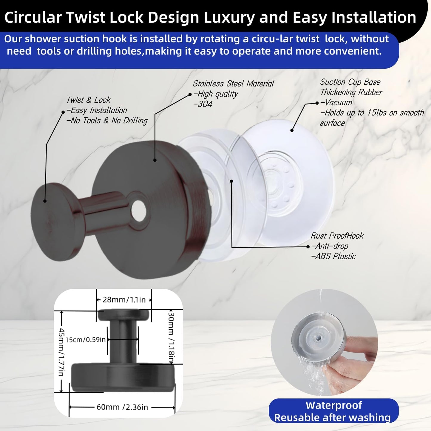 Duilahren Suction Cup Hooks for Wreaths on Glass,Removable Towel Hooks for Bathroom,Window,Glass Door,Wall, Hook for Hanging Bath Robe,Looafh,Name Sign on Front Door,2 Pack,Black