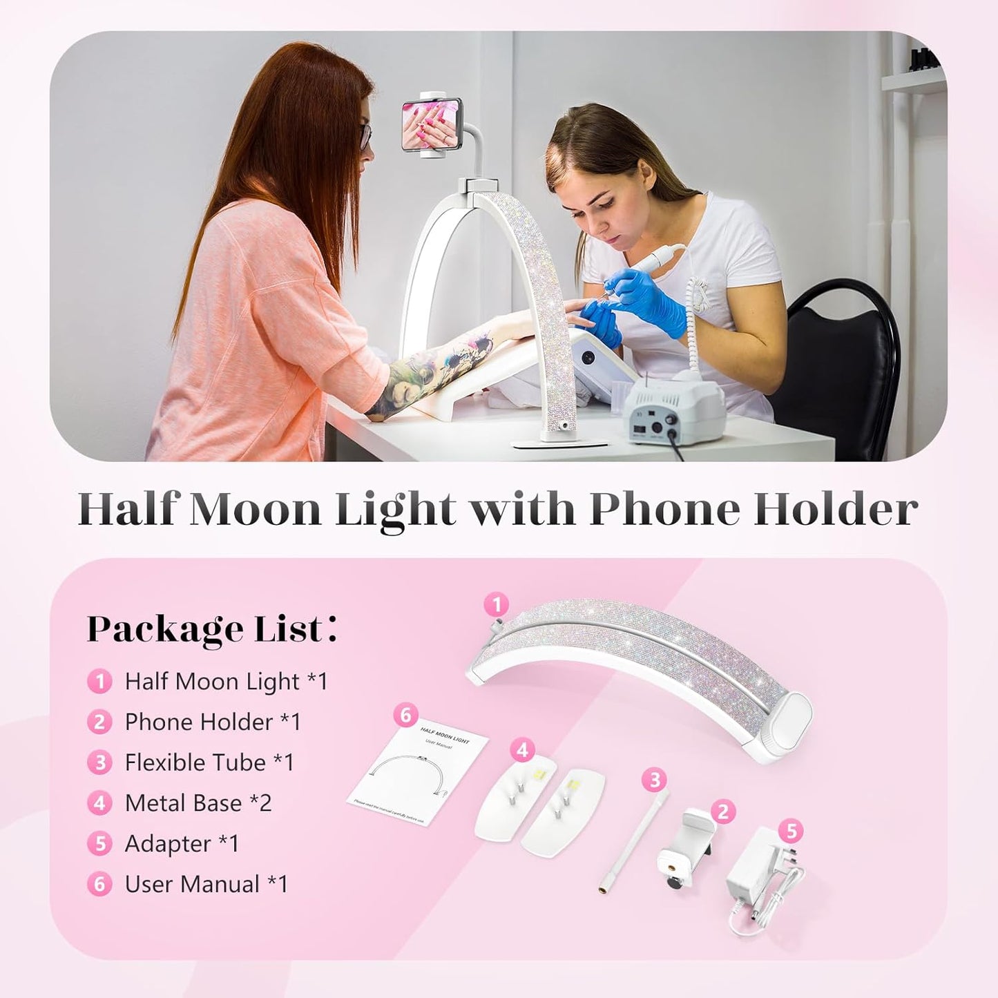 Yokilly Foldable Half Moon Nail Desk Lamp with Phone Holder - 3 Color Modes & 10 Brightness Levels for Manicure Salon