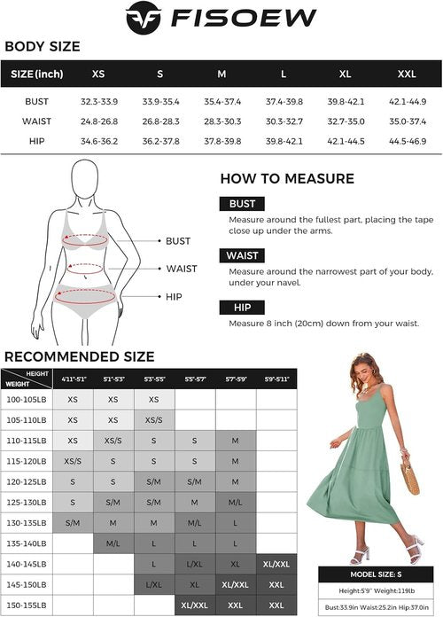 Fisoew Women's Spaghetti Strap A-Line Dress - V Neck Backless Summer Cami with Pocket