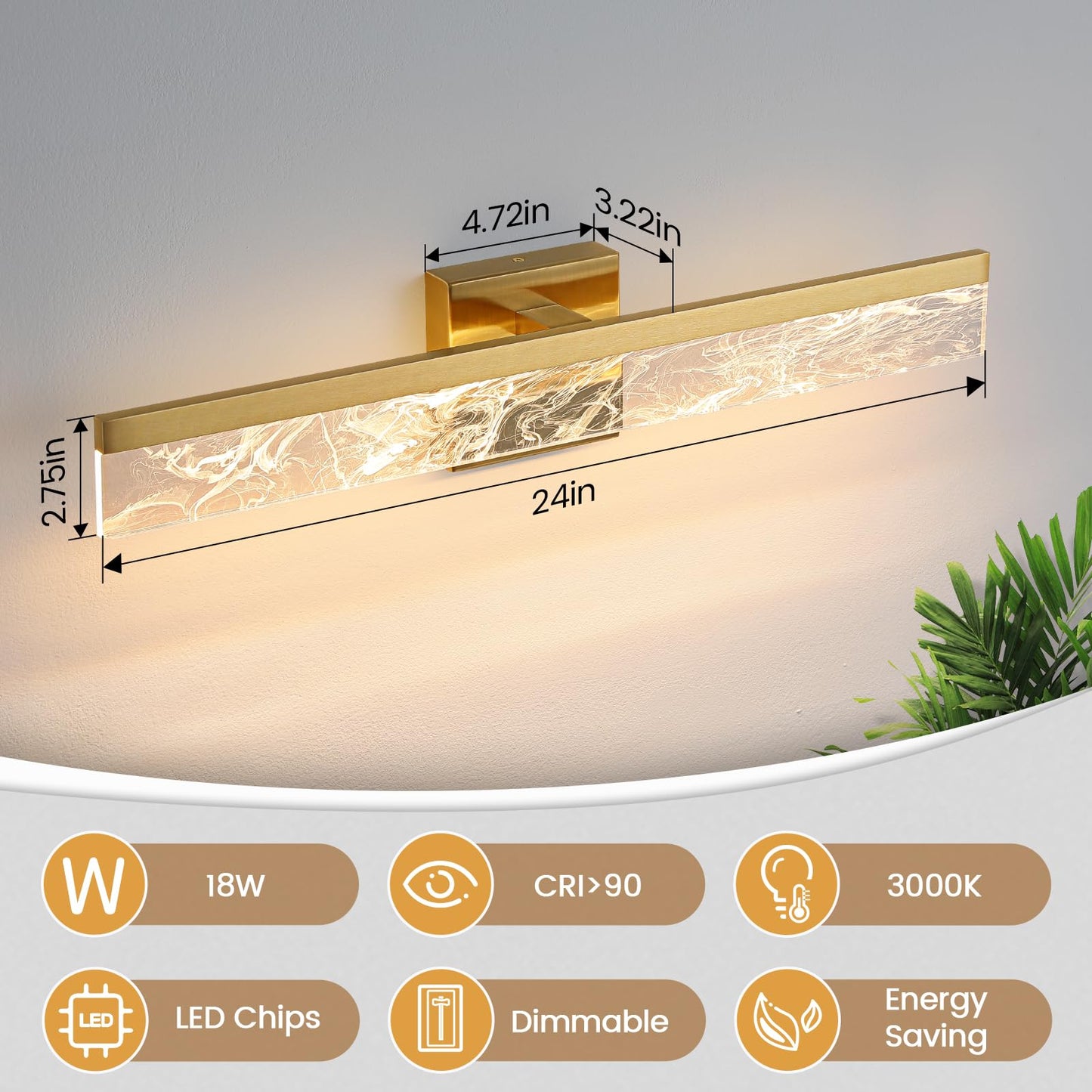 AIJIASI Gold Vanity Light - 24 Inch Modern Bathroom Light Fixture Over Mirror 18W 3000K Warm Lighting Dimmable LED Vanity Lights for Bathroom Restroom Mirror