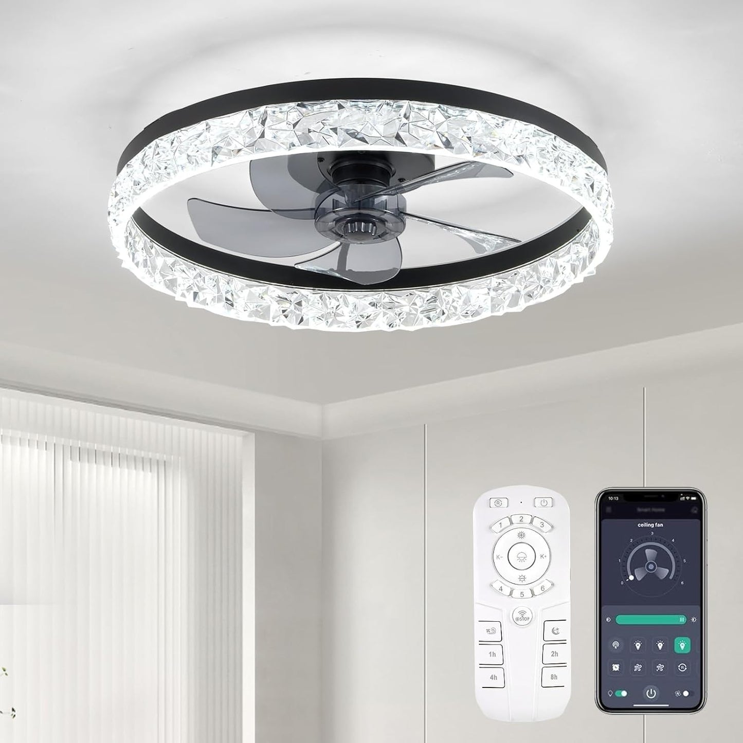 Flush Mount Ceiling Fan with Lights & Remote - 6 Speed Low Profile for Bedroom & Small Rooms