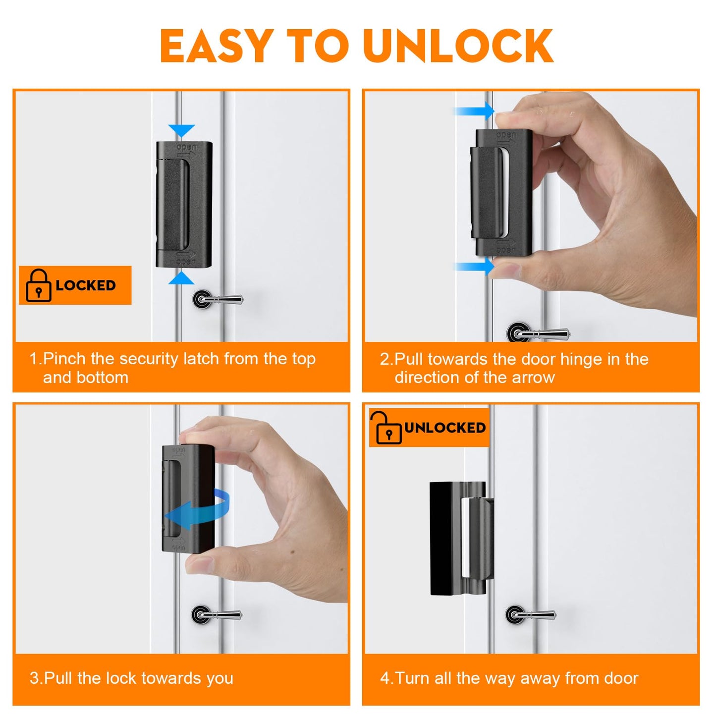 Home Security Door Reinforcement Lock, Upgraded Front Door Locks for Kids Safety Withstand 800 lbs, Child Proof Door Lock, Extra Door Lock from Inside Prevent Unauthorized Entry (2 Pack, Black)