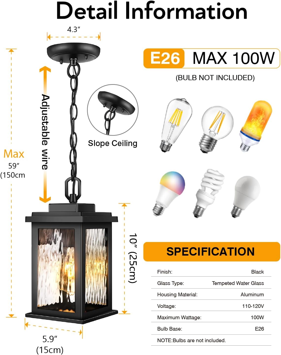 Outdoor Pendant Light - Oil Rubbed Bronze Chandelier for Porch & Patio, Adjustable Chain