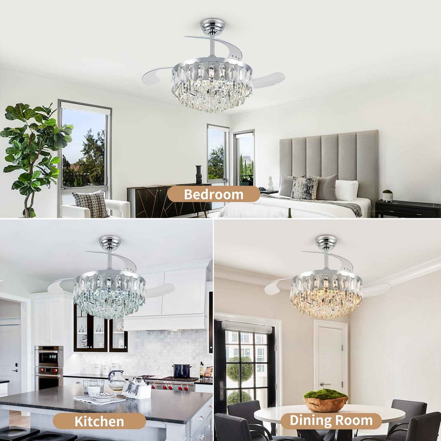 illus illumination 36in Fandelier Ceiling Fans with Light, Modern Crystal Chandelier Ceiling Fans, Remote & APP Control, Retractable Reversible 3 CCT LED Dimmable for Living Room Bedroom (Silver)