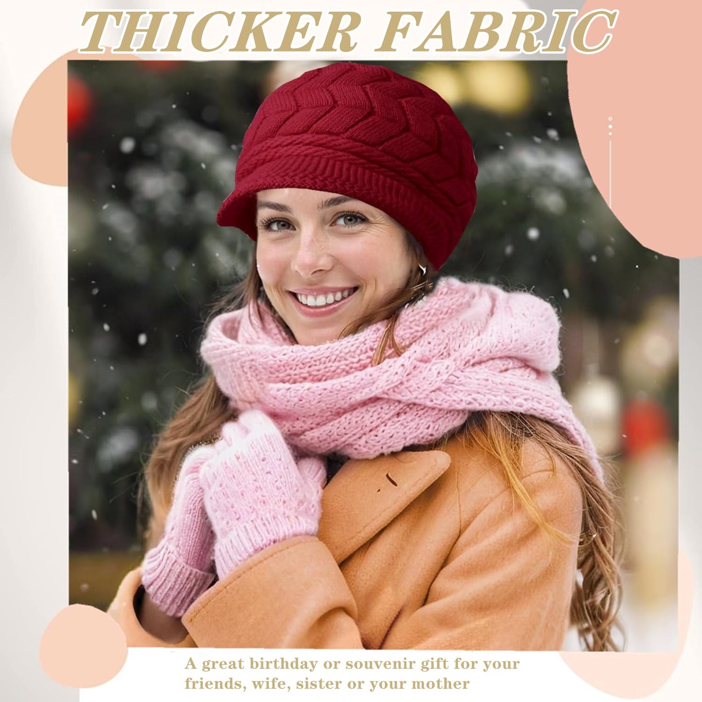 stablerice 4 Pack Womens Winter Beanie Hats Thick Warm Knit Hat with Visor Brim Wool Snow Ski Caps Chunky Soft Slouchy Cap Women Newsboy Caps Ladies Hat Knit Hats for Women