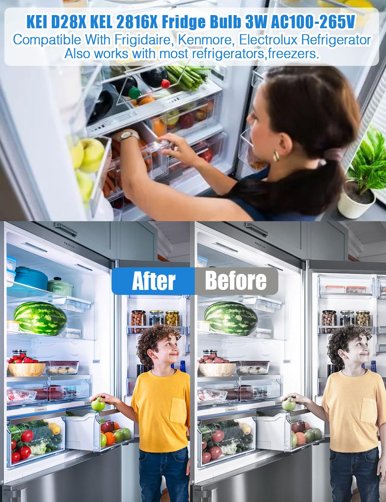 wossluck for Frigidaire Light Bulb Replacement KEI D28X KEL 2816X E17 Base LED Freezer/Fridge Appliance Lamp, Compact ac100-265v 3w Refrigerator Bulb 5304522314 Bulb White Light (1 Pack)