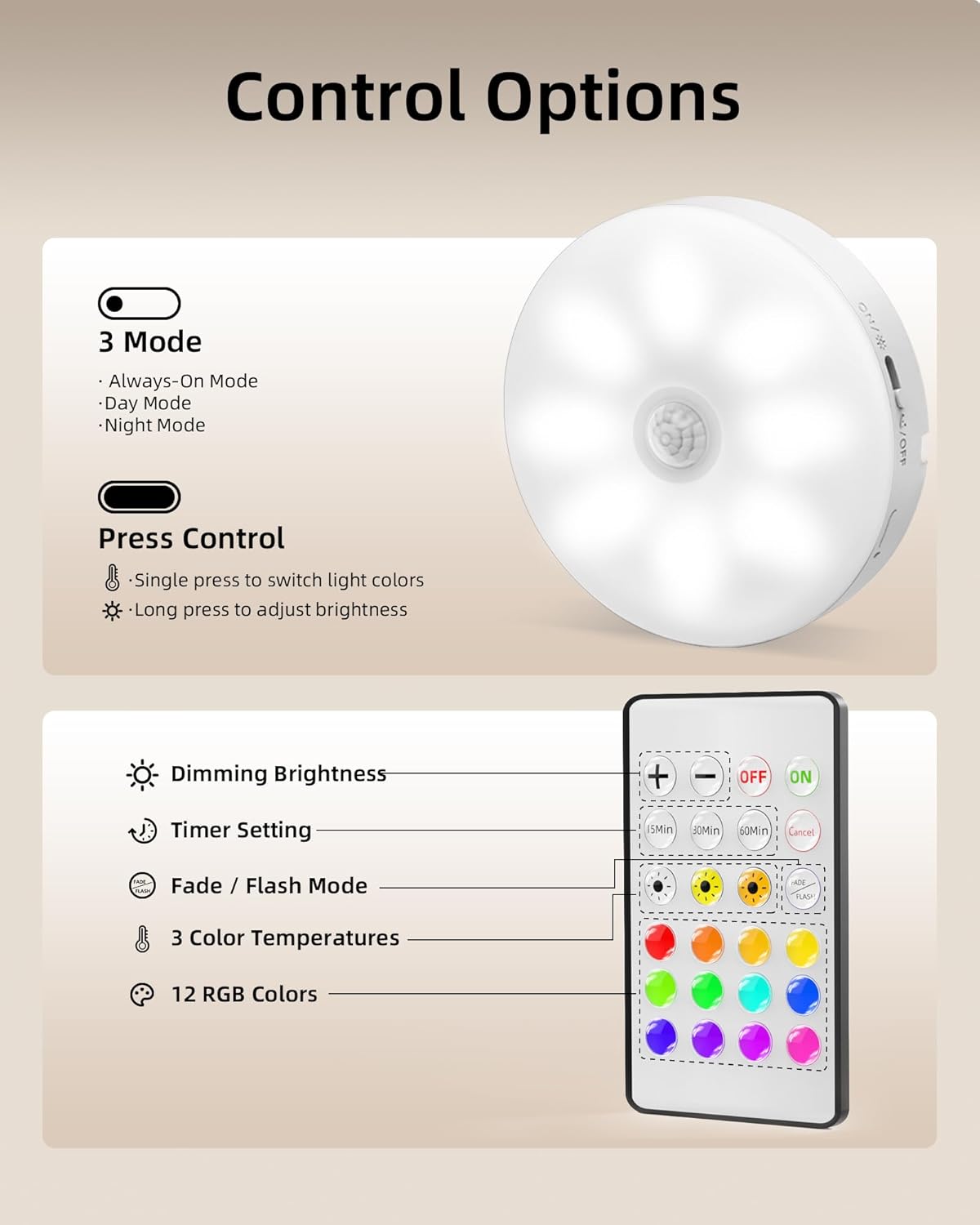 Rechargeable Under Cabinet Puck Lights with Remote - Dimmable RGB & 3 Color Temps (6 Pack)
