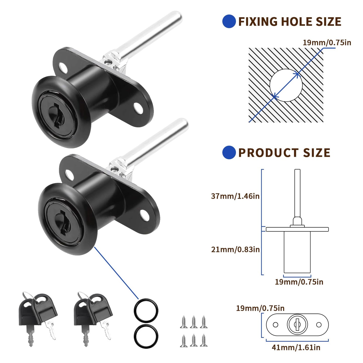 HOWDIA 2 Pcs - Drawer Lock Cabinet Locks with Keys, Zinc Alloy Desk Locks File Cabinet Lock for Wardrobe Furniture Locker Showcase with 2 Key 19mm (Black, Keyed Different)