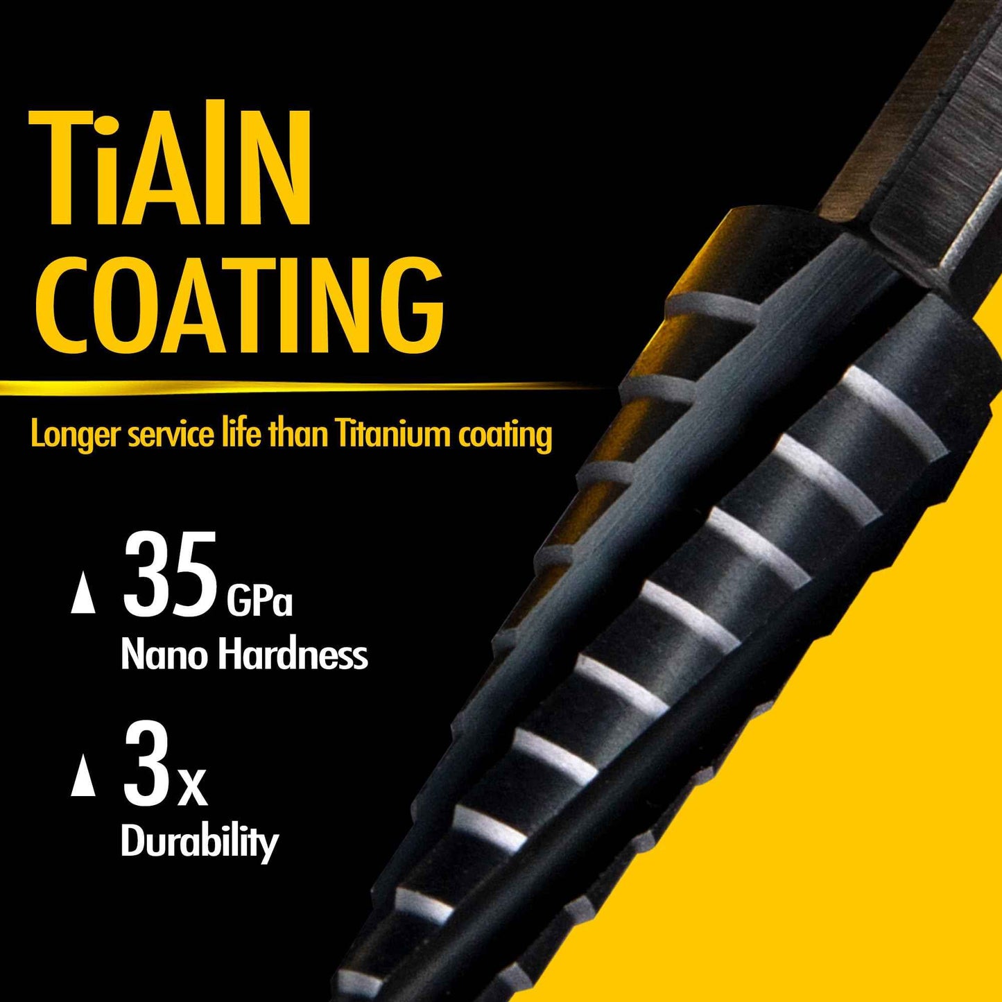 Vouyar Four Spiral Flute Cobalt Step Drill Bit, 3/16'' - 7/8'' M35 TiAlN Coating Impact Ready Unibit Step Drill Bit, 1/4" Hex Shank Step Bit for Metal, Stainless Steel, Aluminum, Plastic