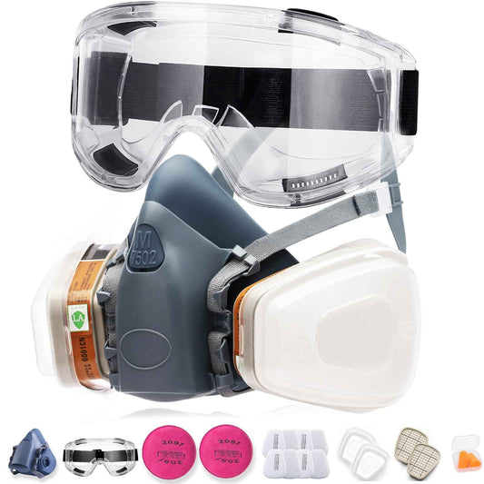 RANKSING 7502 Reusable Respirator Gas Mask with P100 Filters and Goggle to Against Dust Gases Fumes Asbestos Chemicals while Painting Spraying Sanding Welding Construct and Work PPE
