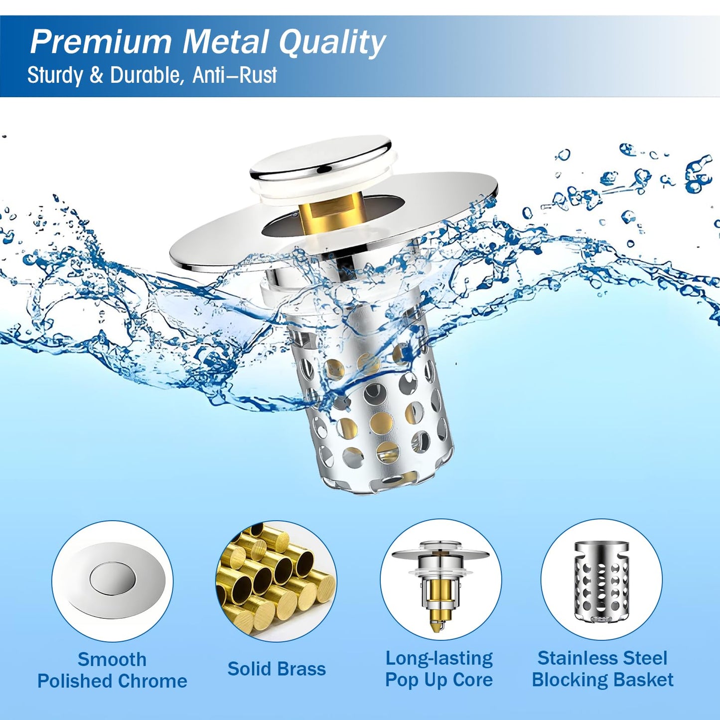 Universal Bathroom Sink Stopper, Pop Up Sink Drain Strainer Plug with Removable Stainless Steel Filter Basket Hair Catcher, Bathroom Bathtub Drain Stopper for 1.1-2.36 Inch Basin(1PACK)