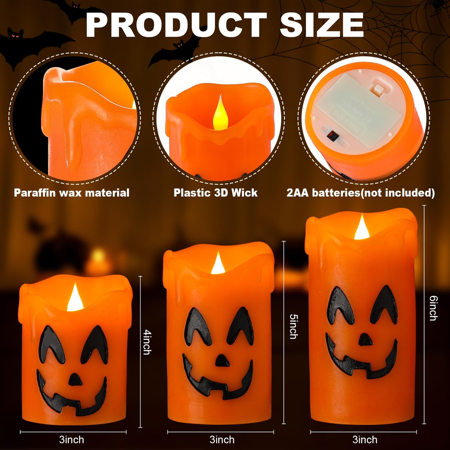 LCZLUMIPRO Halloween Candles Flameless Ghost Face Decor, Orange Pumpkin Dripping Real Wax Battery Operated LED Pillar Candles for Halloween Fall Indoor Table Dinner Decorations, Set of 3(3" x 4/5/6")