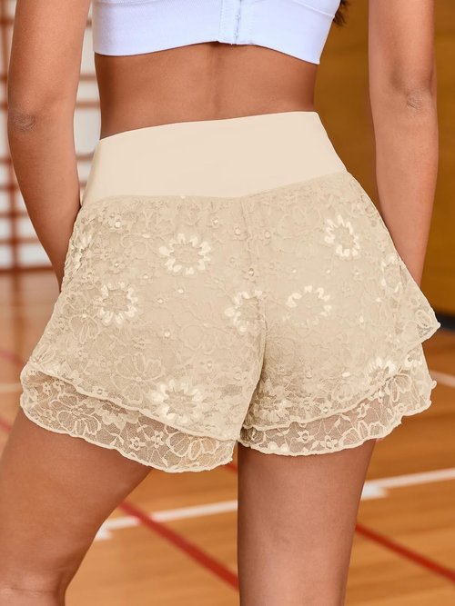 Fisoew High-Waisted Flow Shorts - 2-in-1 Athletic Workout Shorts with Pockets for Women | Lace Design