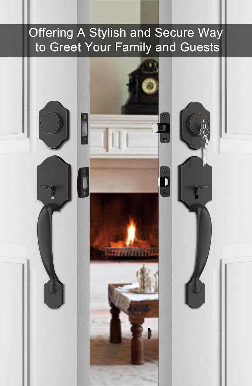 Gold Front Door Handle & Deadbolt Set - Reversible Lever Lock Hardware