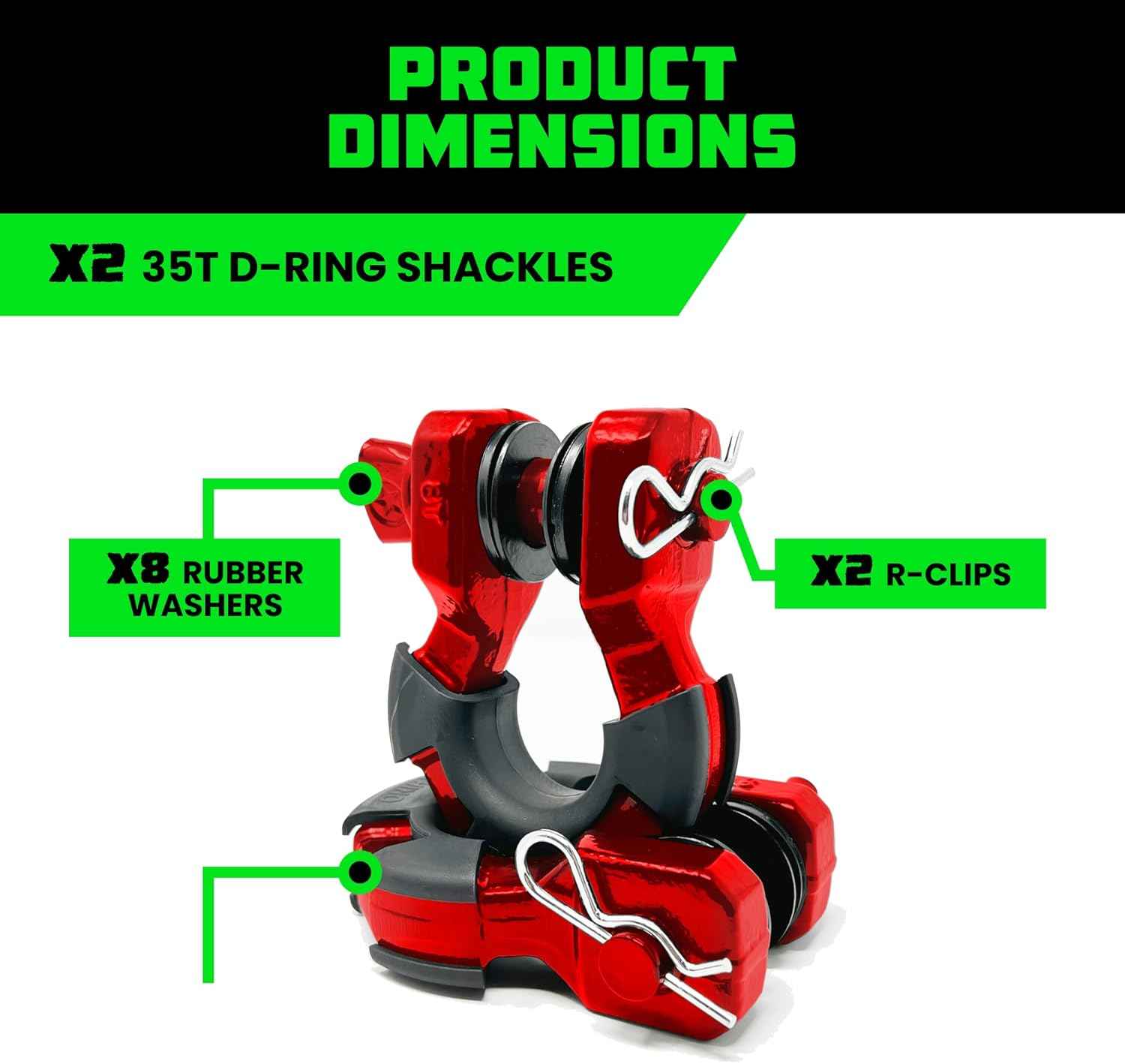 Heavy-Duty Rhino USA Super D Ring Shackles 2-Pack - 70,548lb Break Strength for Towing & Off-Road Recovery (Red)