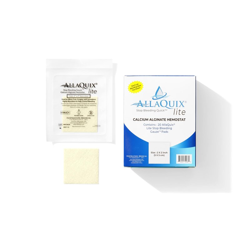 Stop Bleeding Fast – AllaQuix Lite Hemostatic Gauze Pads 2" x 2" – Calcium Alginate Wound Dressing – Sterile, Non-Adherent, High Absorbency – First Aid for Minor Cuts – 20 Count
