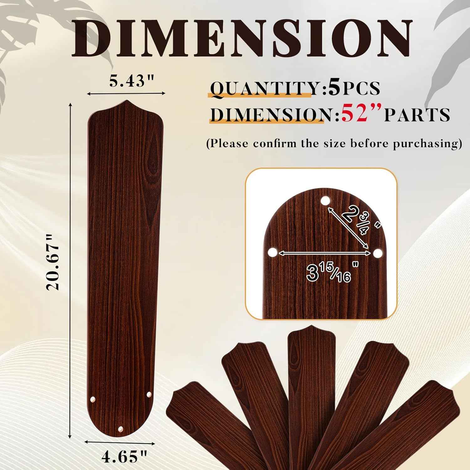 42-Inch Waterproof Replacement Fan Blades - 5 Pcs for Indoor/Outdoor Ceiling Fans