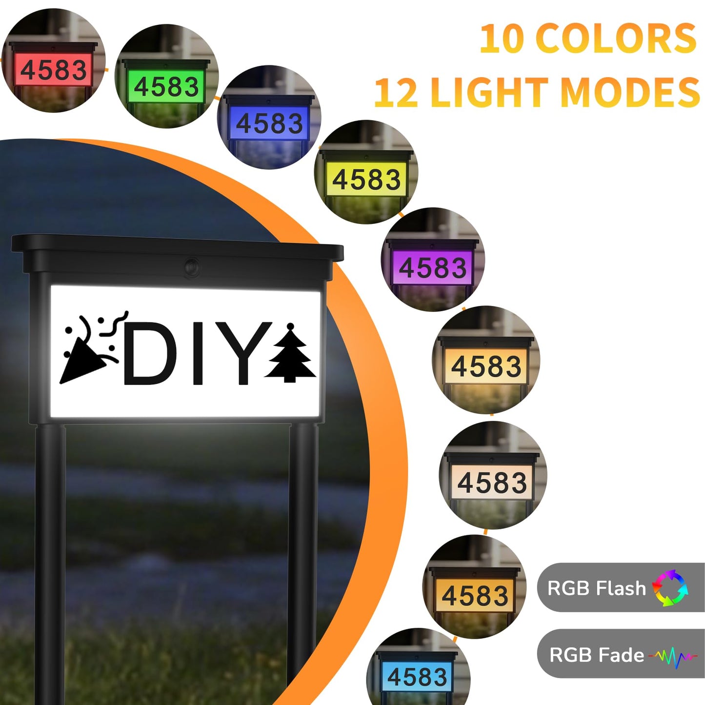 LumiZen Upgraded Solar Address Sign, House Numbers for Outside Double Side, 12-Color Modes Lighting Address Plaque Outdoor Waterproof, Illuminated LED Address Numbers with Stakes for Yard Home Mailbox