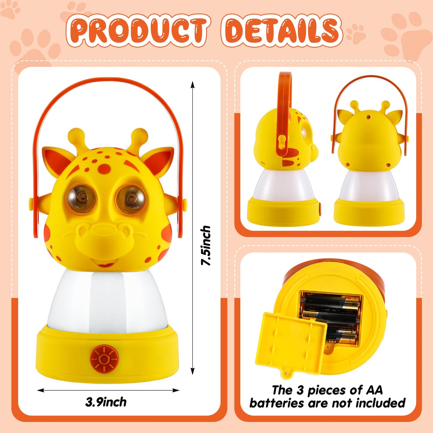 VIHOSE 2 Set Kids LED Camping Lantern and Headlamp 4 Pcs Animal Themed Camping Equipment Nightlight Battery Powered Night Light for Emergency Hurricane Lightweight Tent Lamp for Children(Dog, Giraffe)