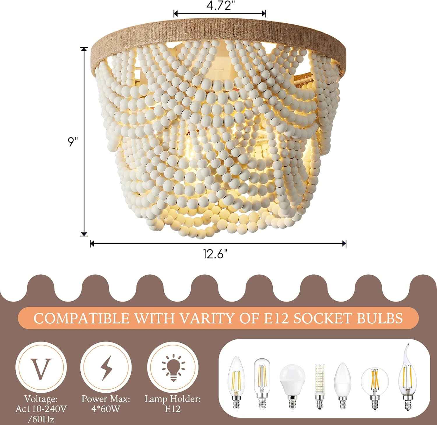 2-Tier White Boho Mini Chandelier - Wood Beaded Flush Mount Ceiling Light for Bedroom, Hallway, Nursery & More