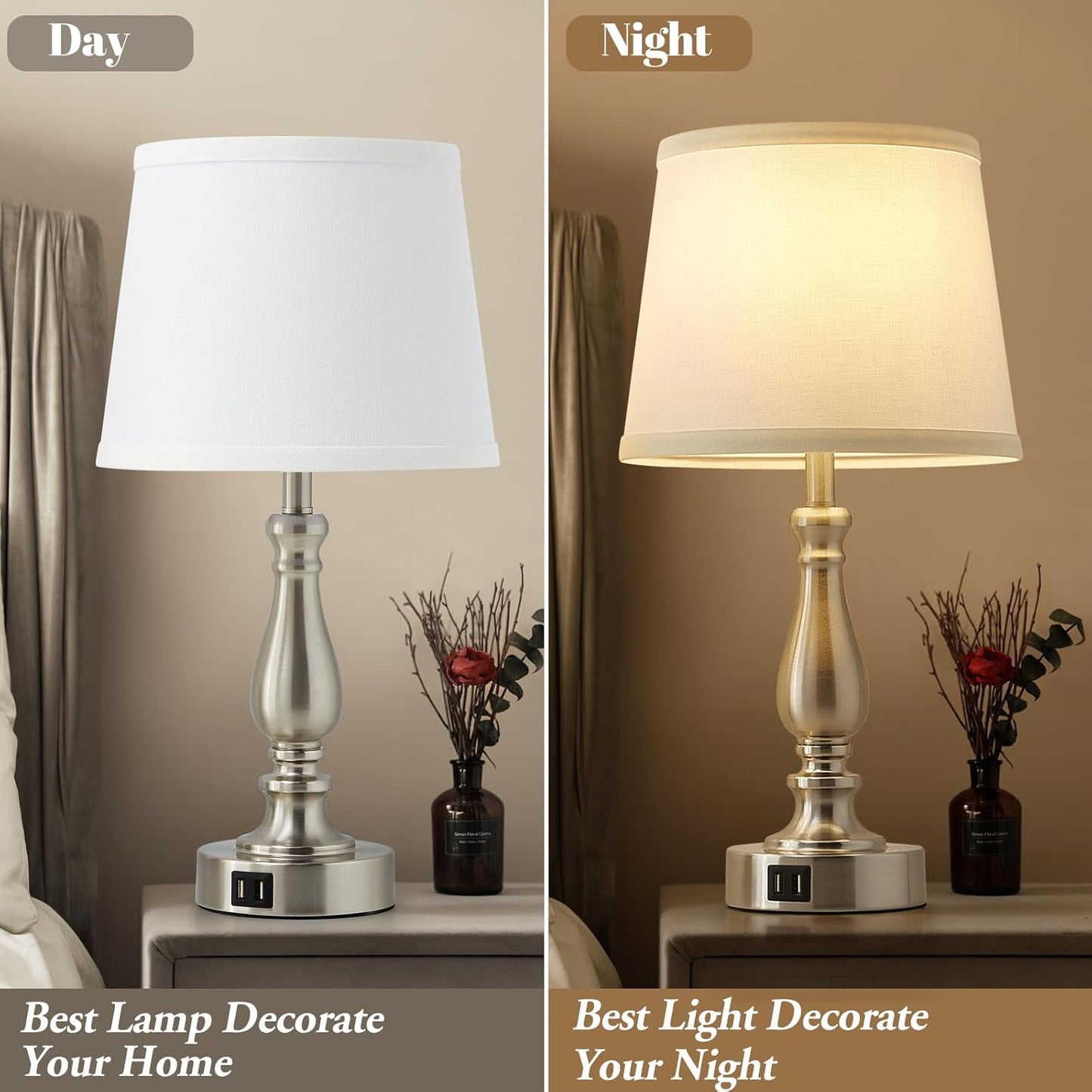 Touch Bedside Table Lamps Set of 2 with USB C+A Ports - 3-Way Dimmable Linen Shade