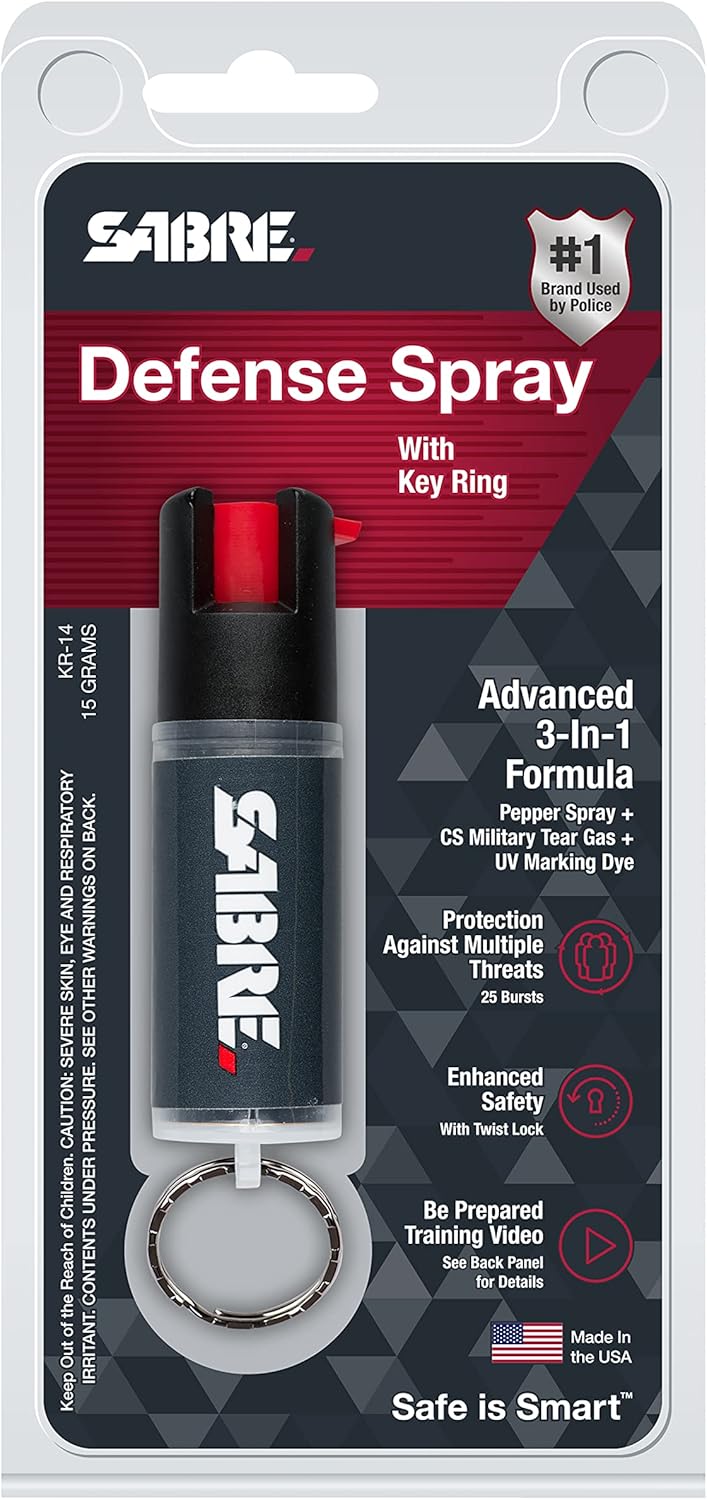 SABRE Defense Spray - 3-in-1 Formula With Pepper Spray, CS Tear Gas & UV Dye | 25 Bursts, 10-Foot Range, Black