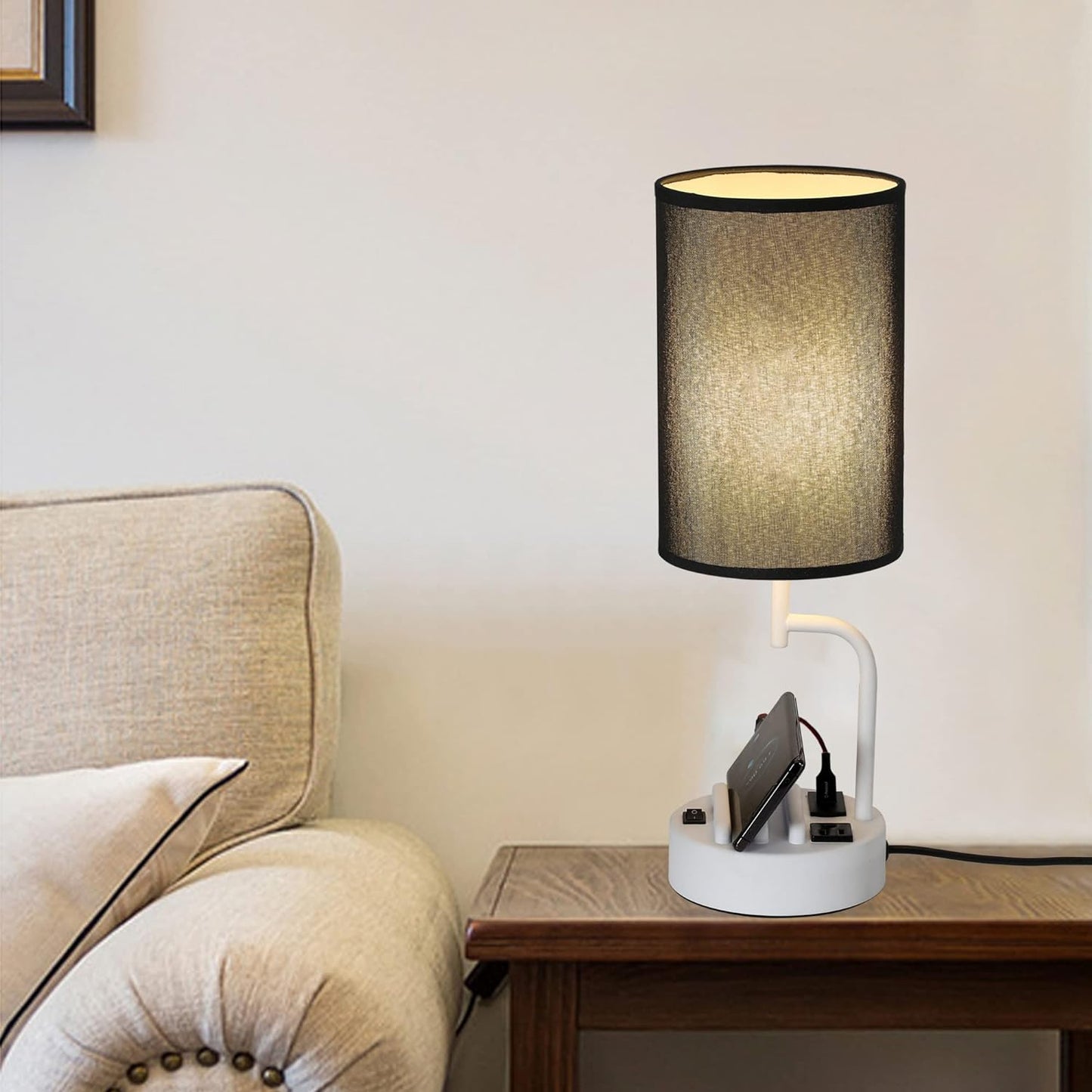 Modern Table Lamp with 3 USB Ports & AC Outlet - Set of 2 Bedside Desk Lamps in Silver